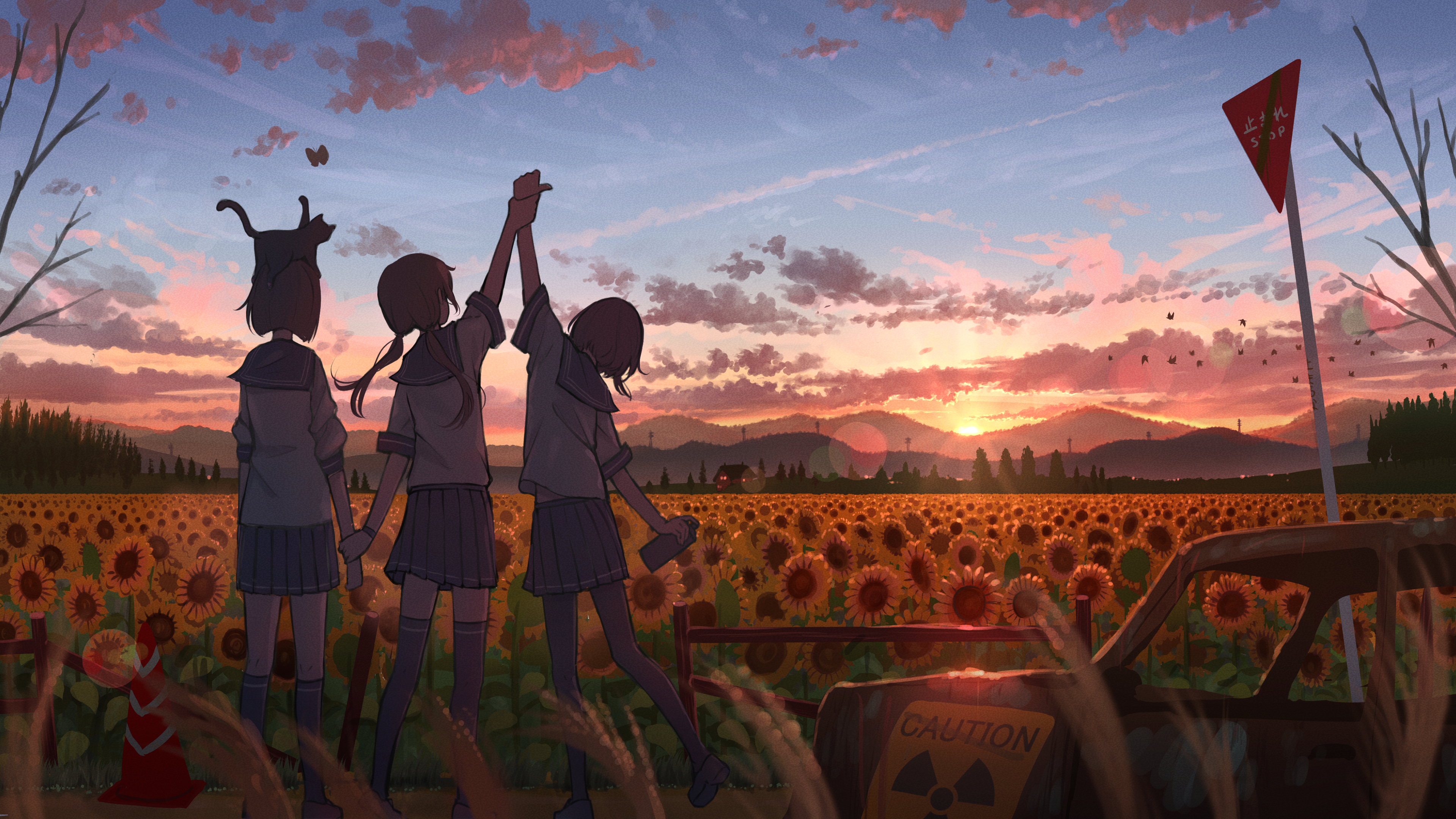 Three girls in uniform in a sunflower field at sunset HD Wallpaper