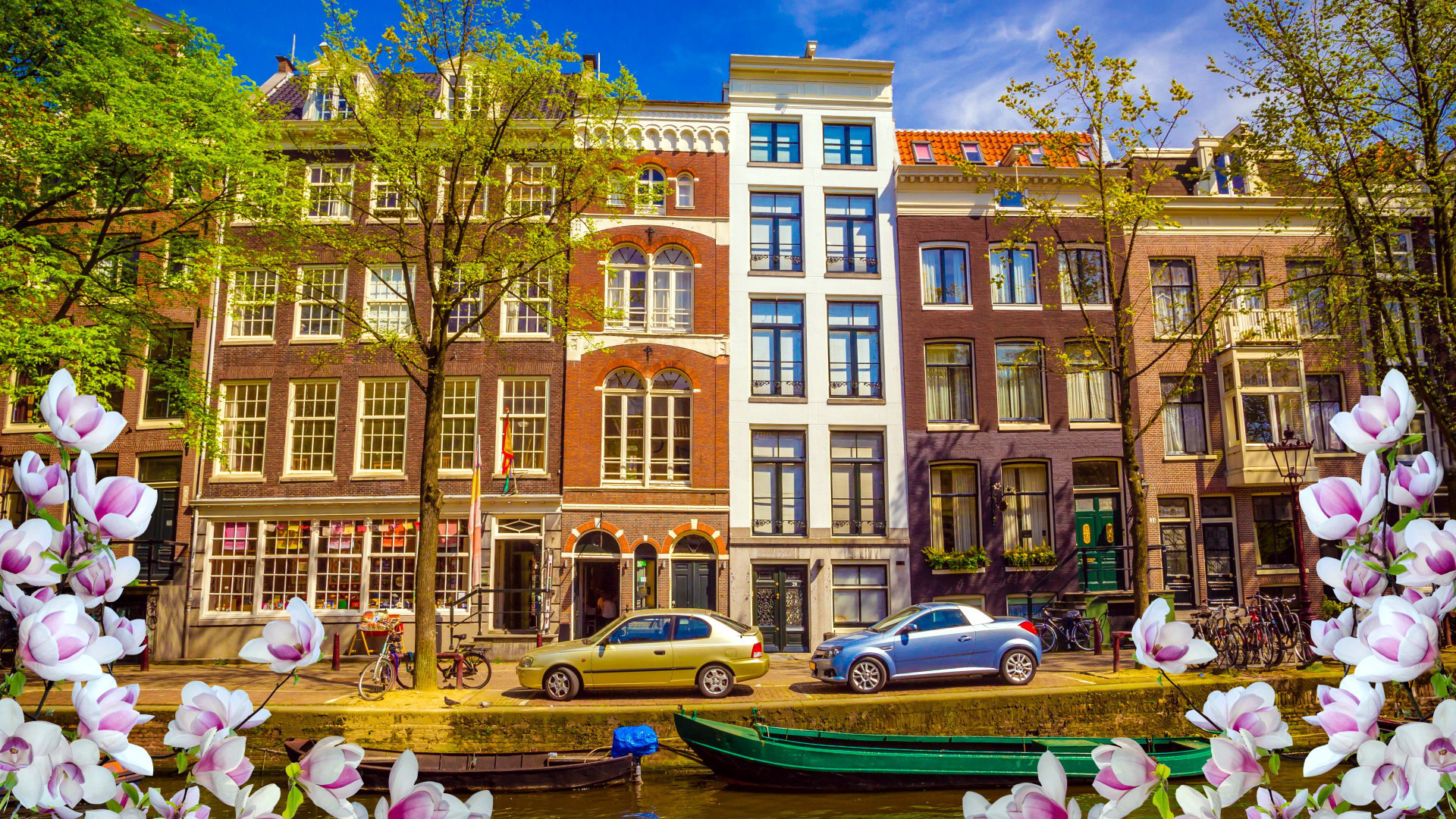 Amsterdam canal with historic buildings and flowers HD Wallpaper