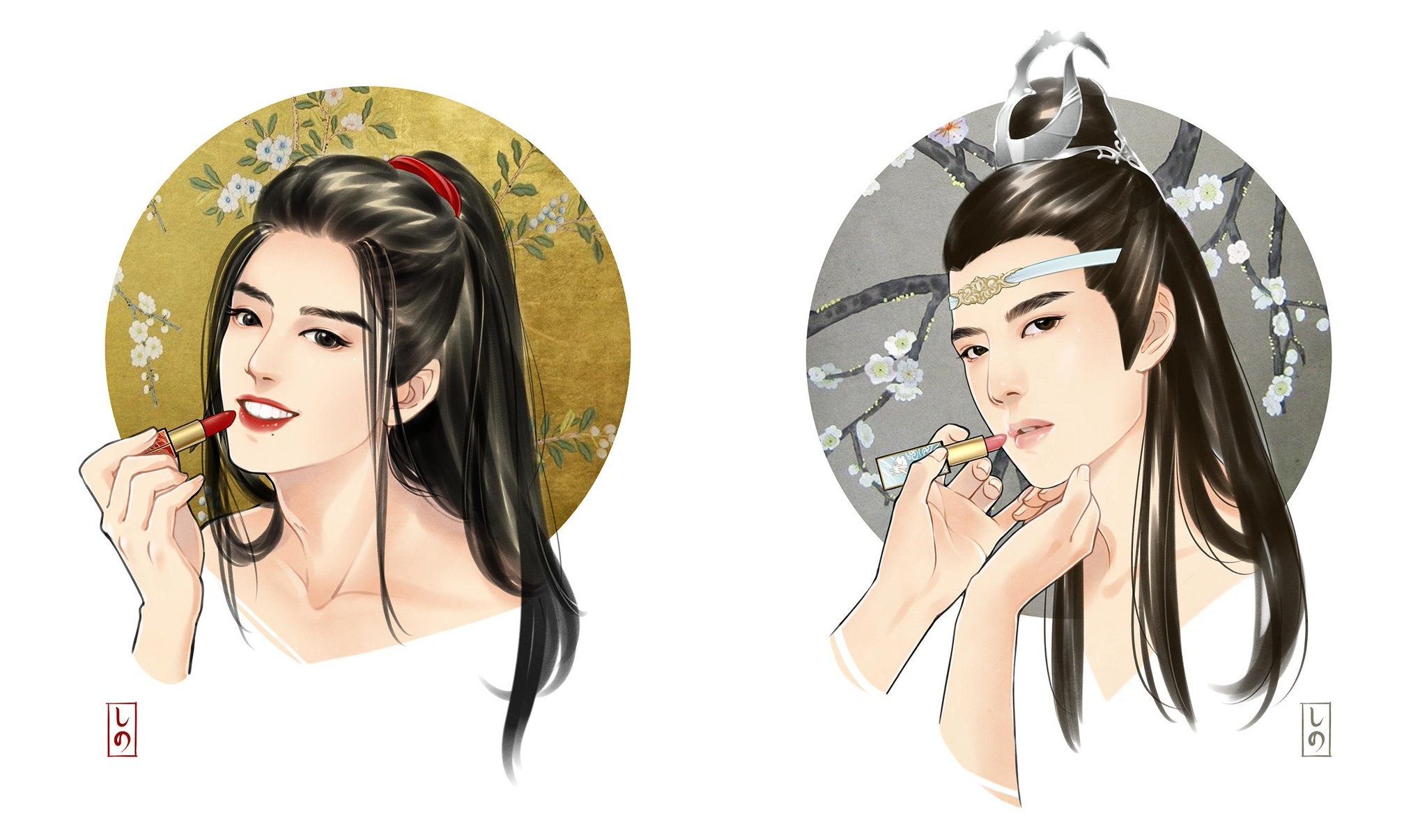 Lan Zhan and Wei Wuxian applying lipstick HD Wallpaper