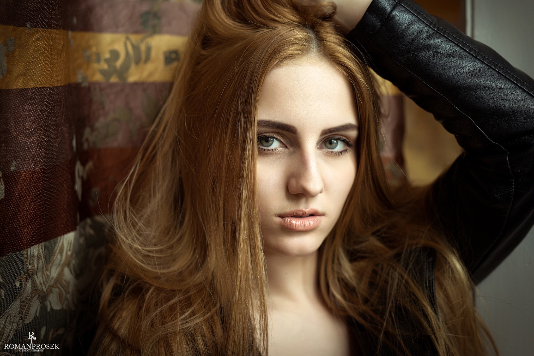 Woman with long red hair and black leather jacket HD Wallpaper