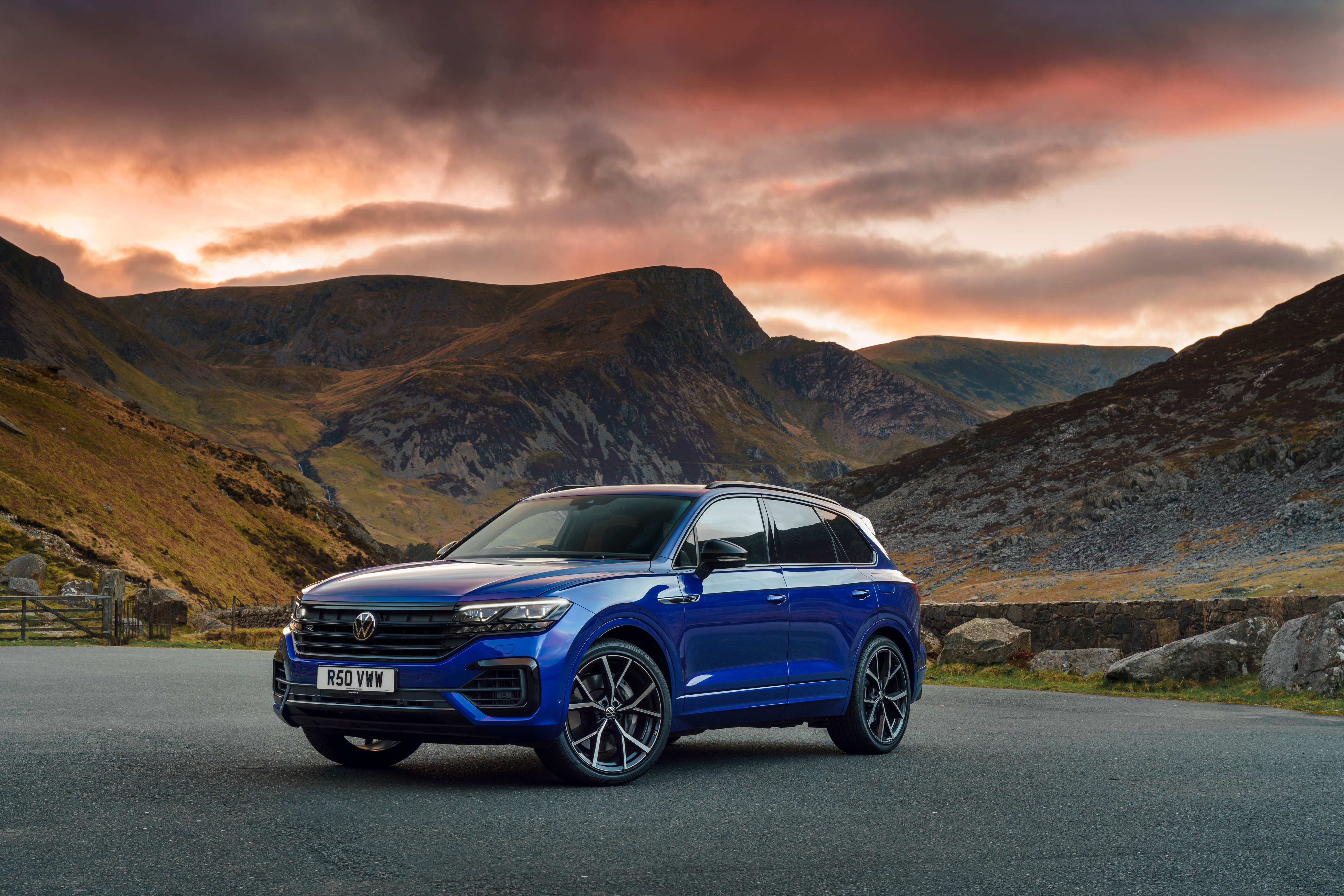 Blue Volkswagen Touareg R-Line 4K SUV in Mountains HD Wallpaper