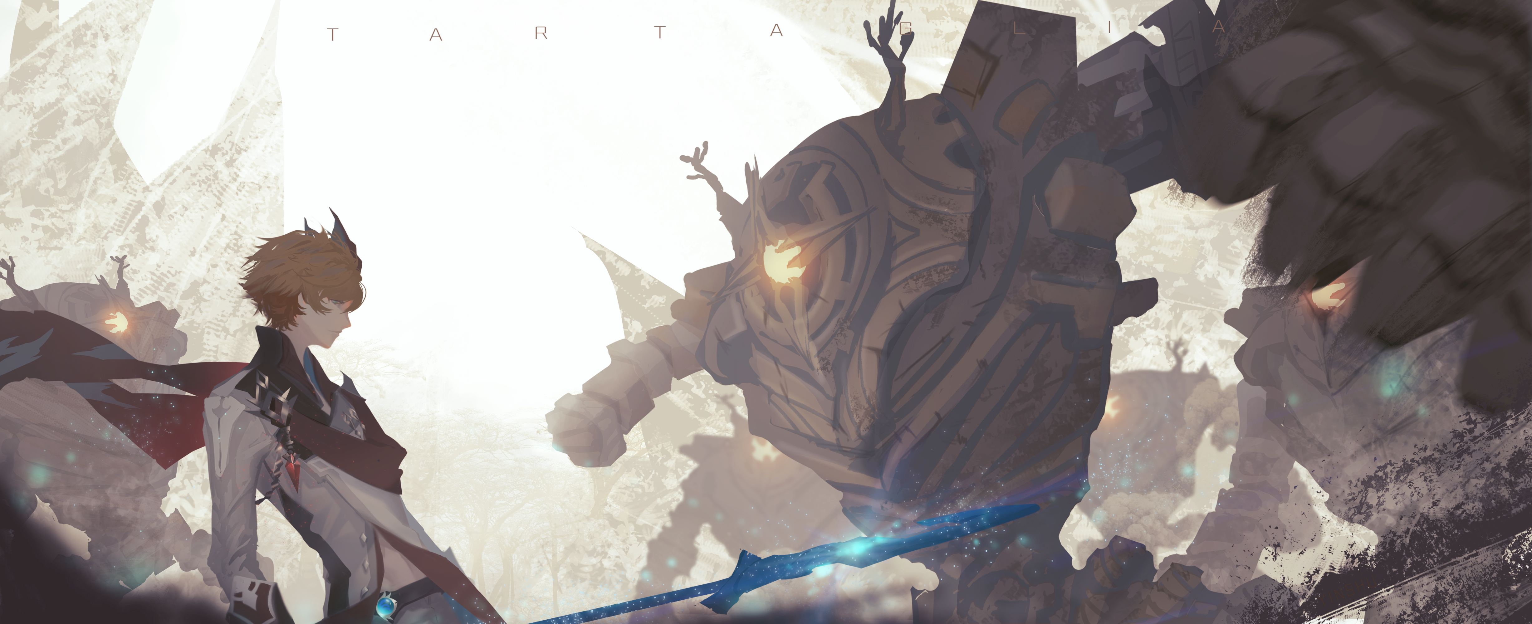 Tartaglia Childe (Genshin Impact) facing giant stone robots HD Wallpaper
