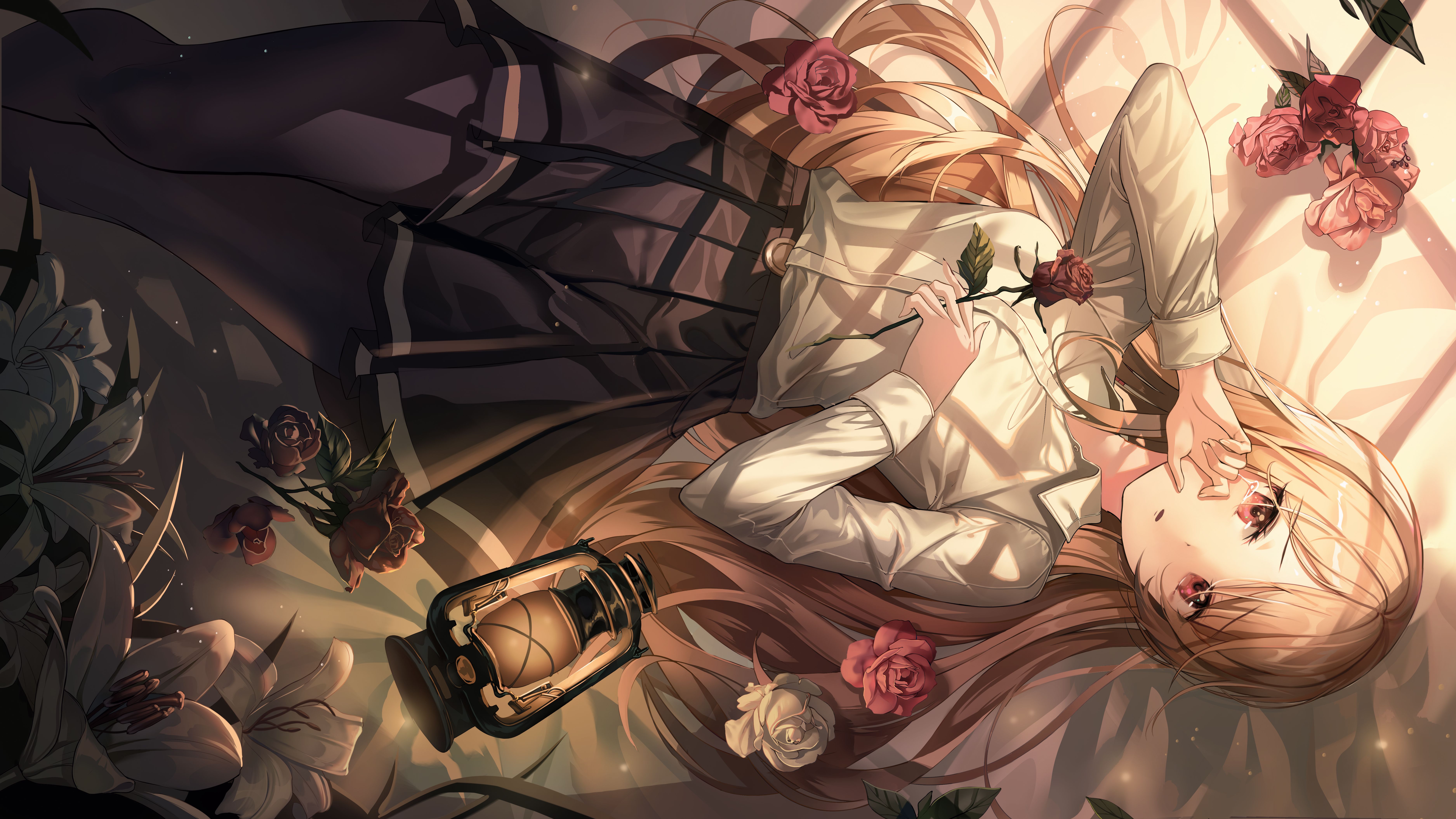 Girl with roses and lantern 4K HD Wallpaper