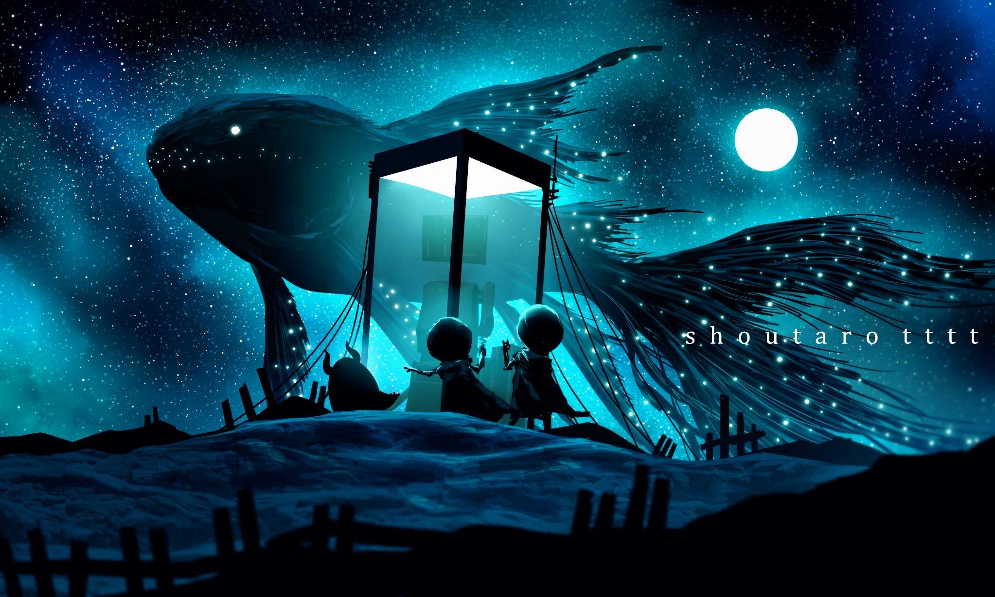 Fantasy whale and children under starry sky HD Wallpaper