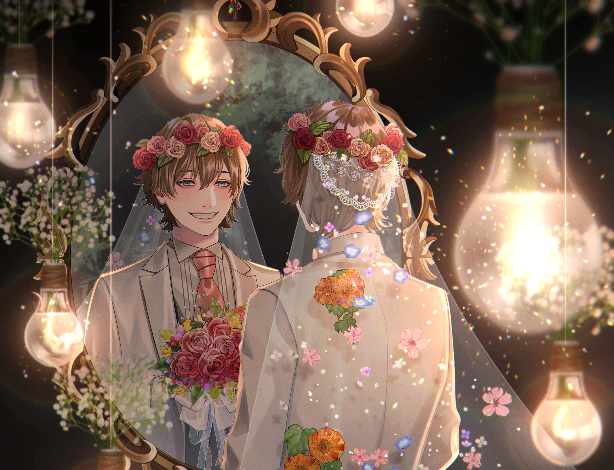 Anime boy in wedding attire looking in a mirror HD Wallpaper