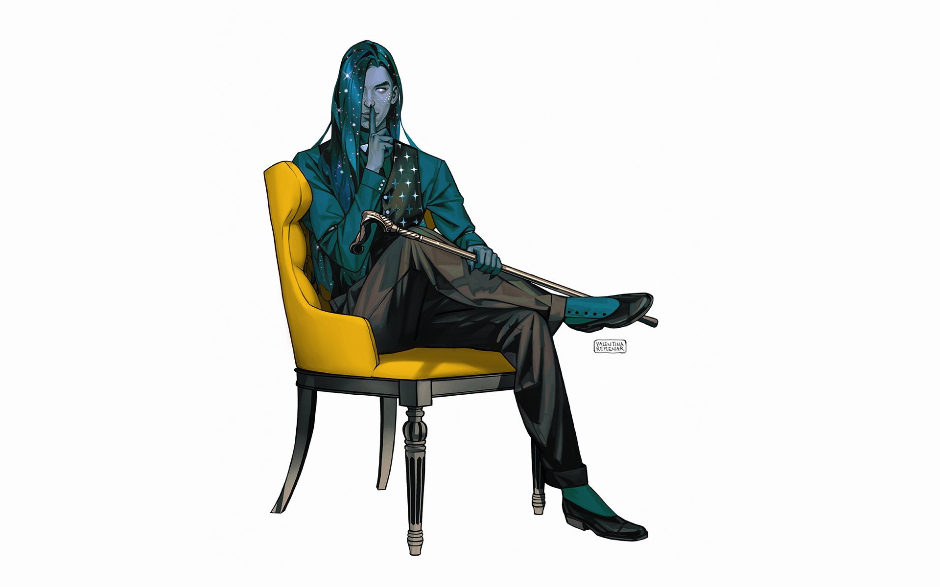 Man with galaxy hair sitting in a chair with a cane HD Wallpaper