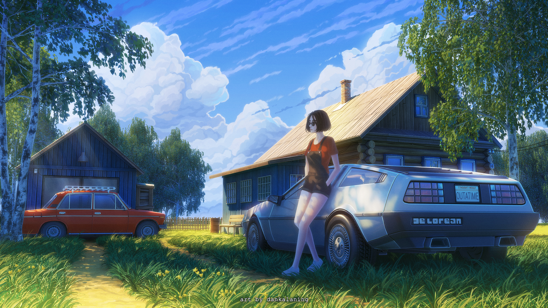 Girl with DeLorean in front of a house HD Wallpaper
