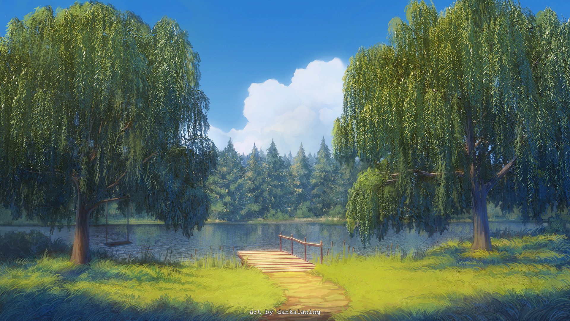 Tranquil lake scene with weeping willows and a wooden pier HD Wallpaper