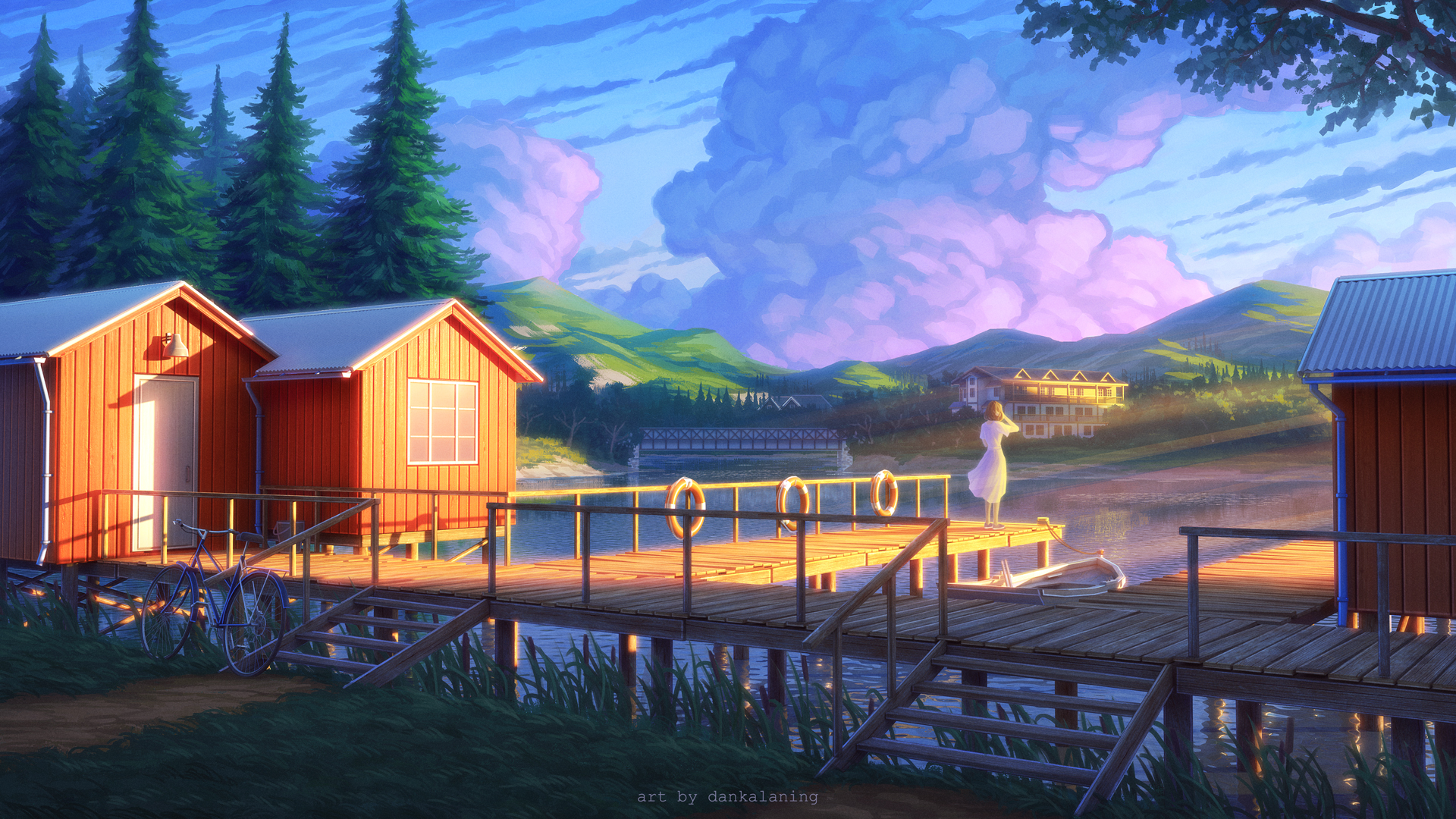 Orange cabins on a wooden dock by a lake at sunset HD Wallpaper