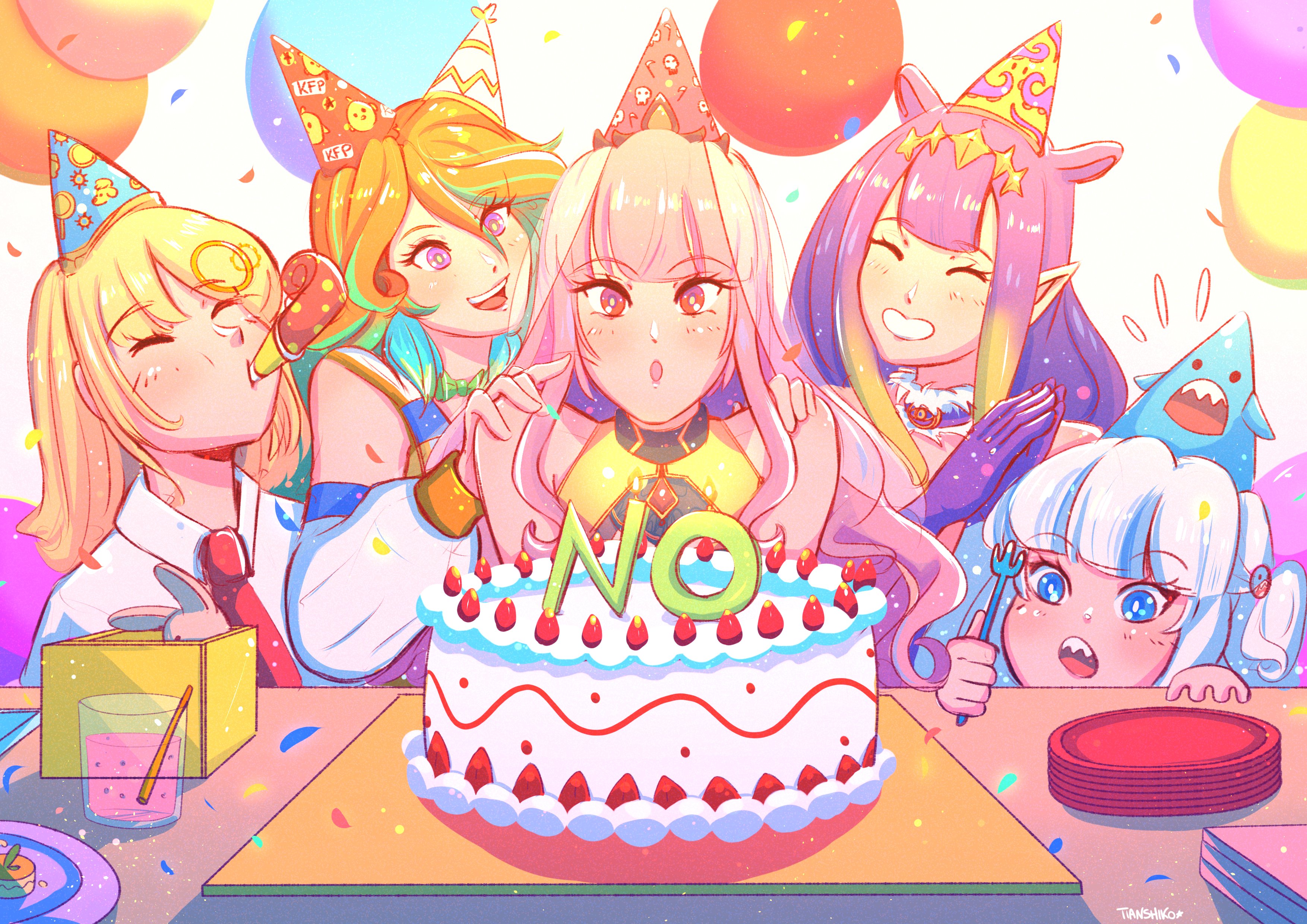 Hololive EN girls celebrating with a cake HD Wallpaper