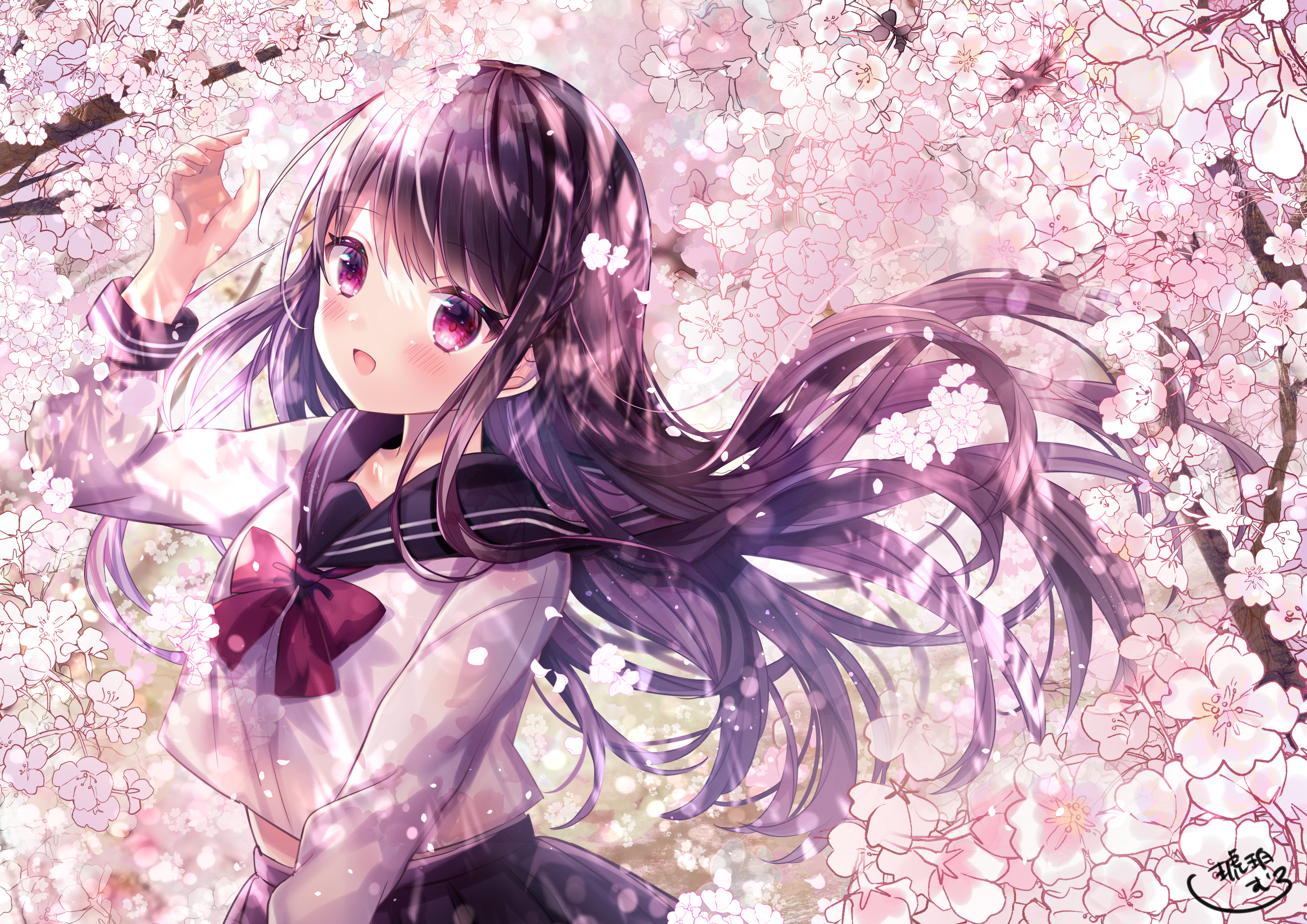Girl in School Uniform Under Cherry Blossoms 4K HD Wallpaper