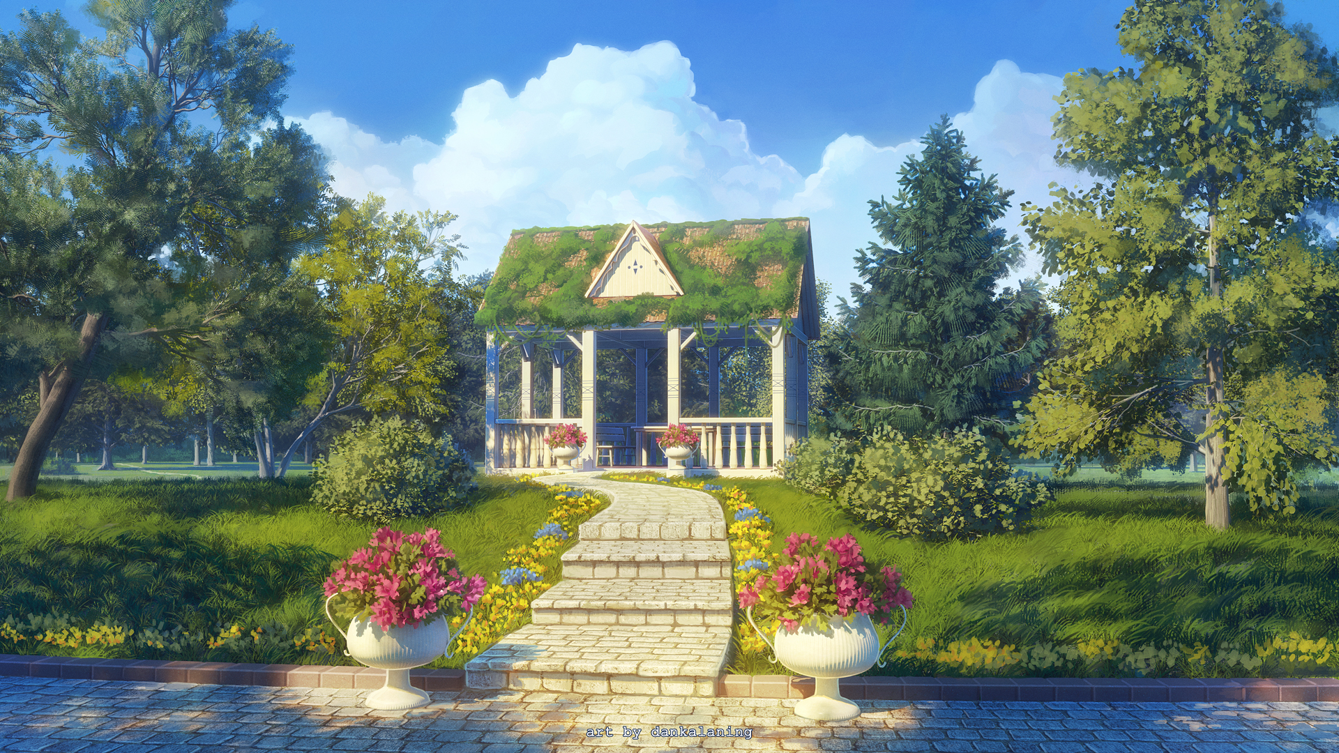 A beautiful garden with a gazebo and flowers HD Wallpaper