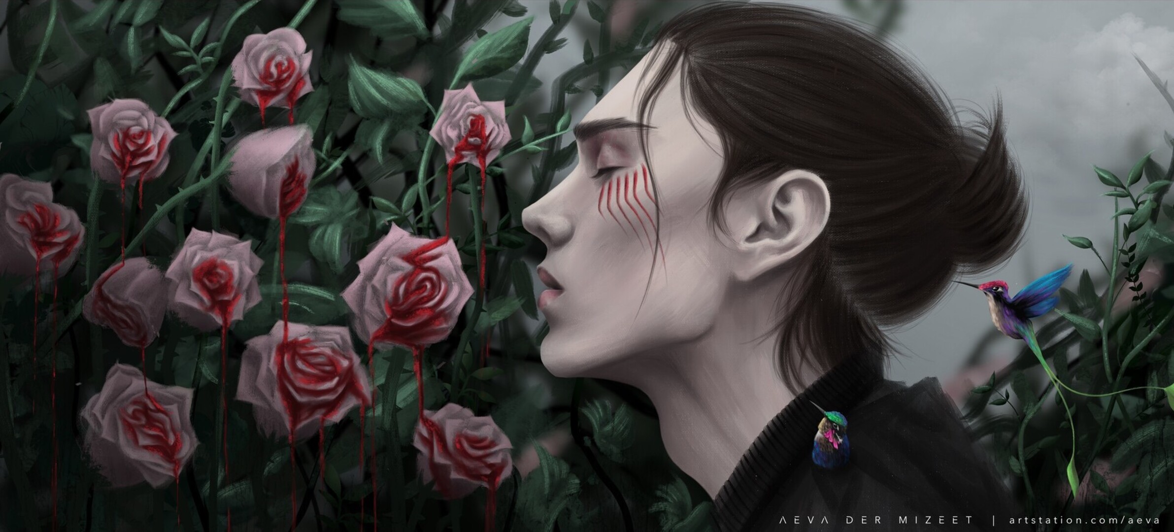 Eren Yeager with bleeding roses and hummingbirds HD Wallpaper