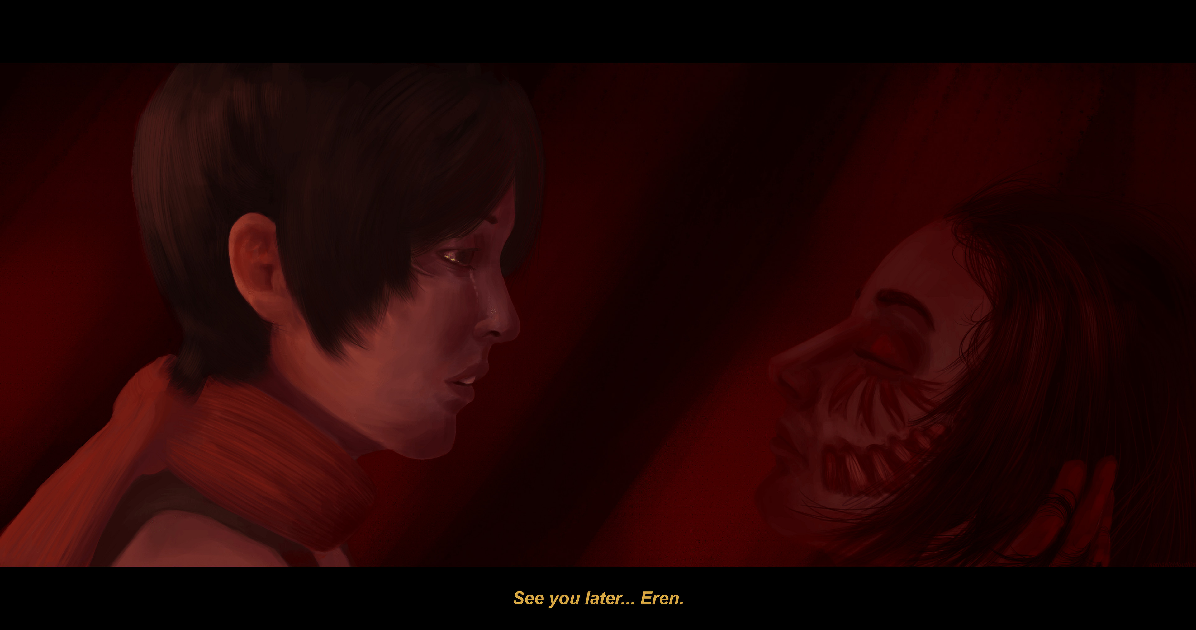 Mikasa Ackerman looks at Eren Yeager in Attack on Titan HD Wallpaper