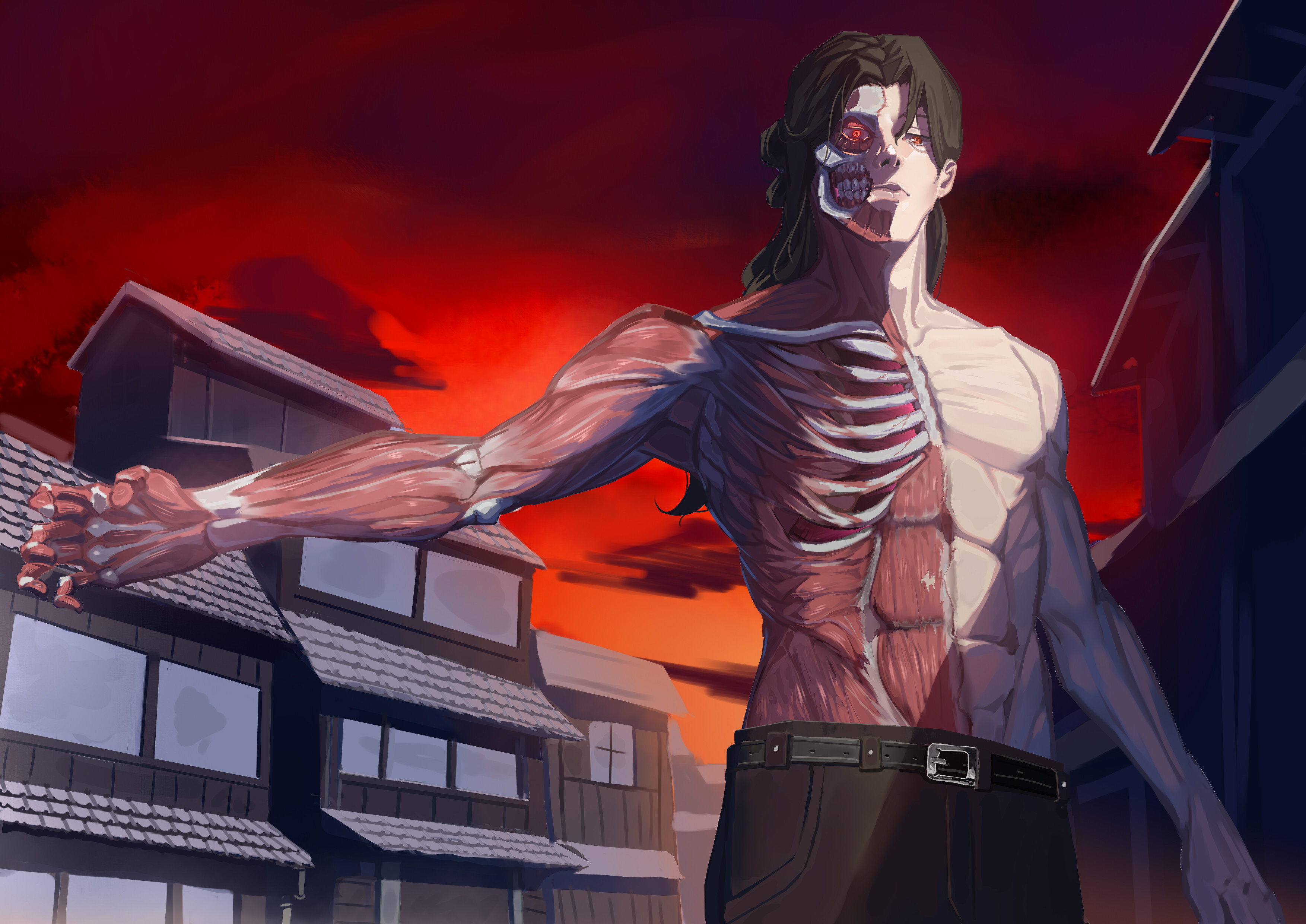 Attack on Titan character with exposed muscles and skeleton HD Wallpaper