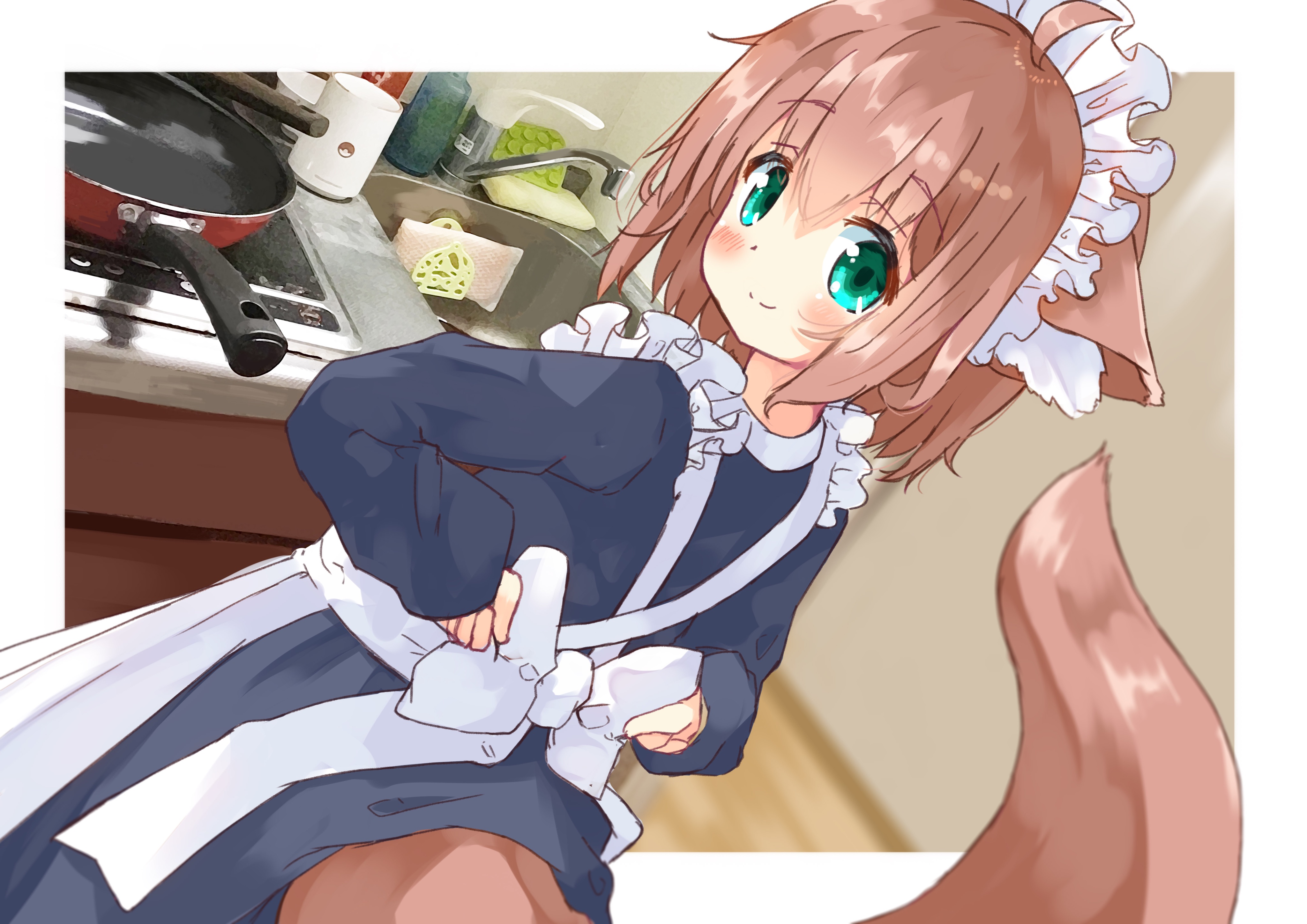 Girl in Maid Outfit in Kitchen HD Wallpaper