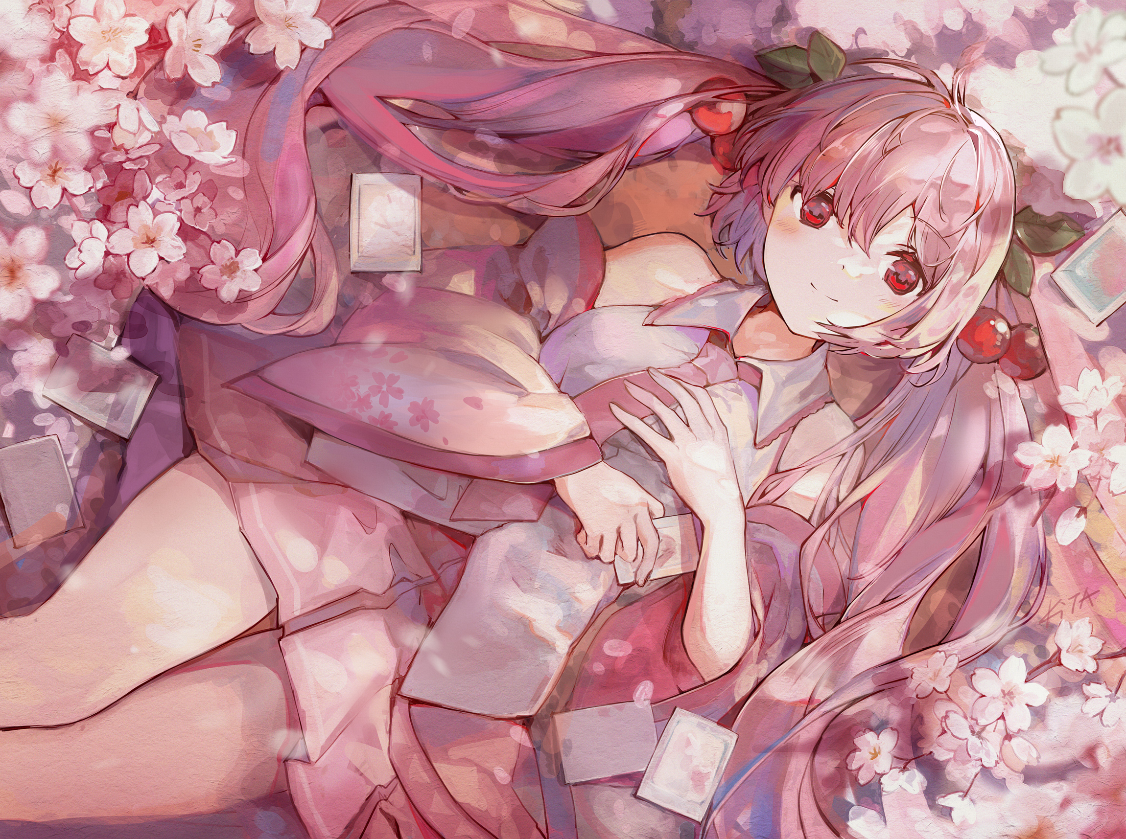 Hatsune Miku surrounded by cherry blossoms and cherries HD Wallpaper