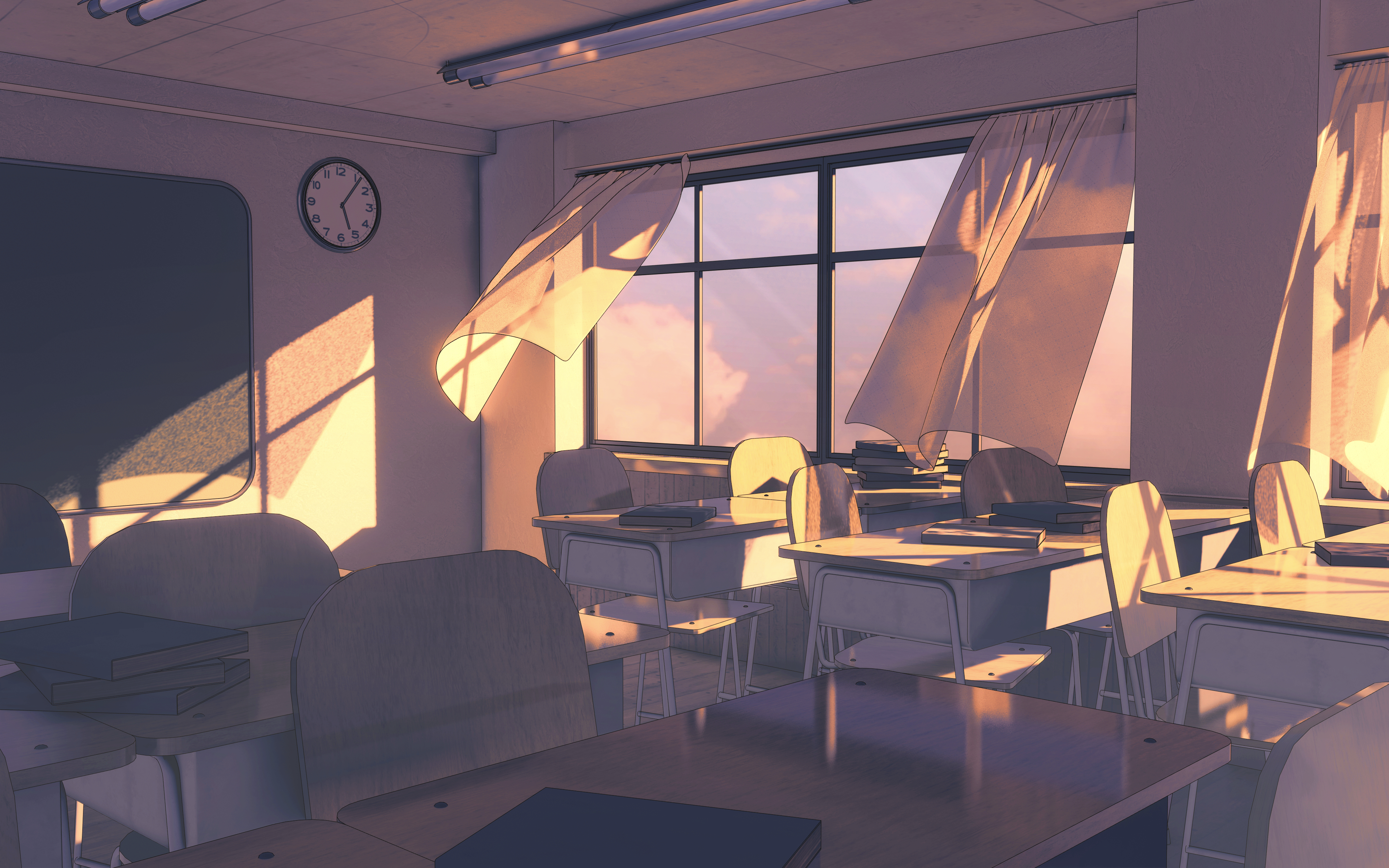 Classroom with wind blowing through windows at sunset HD Wallpaper