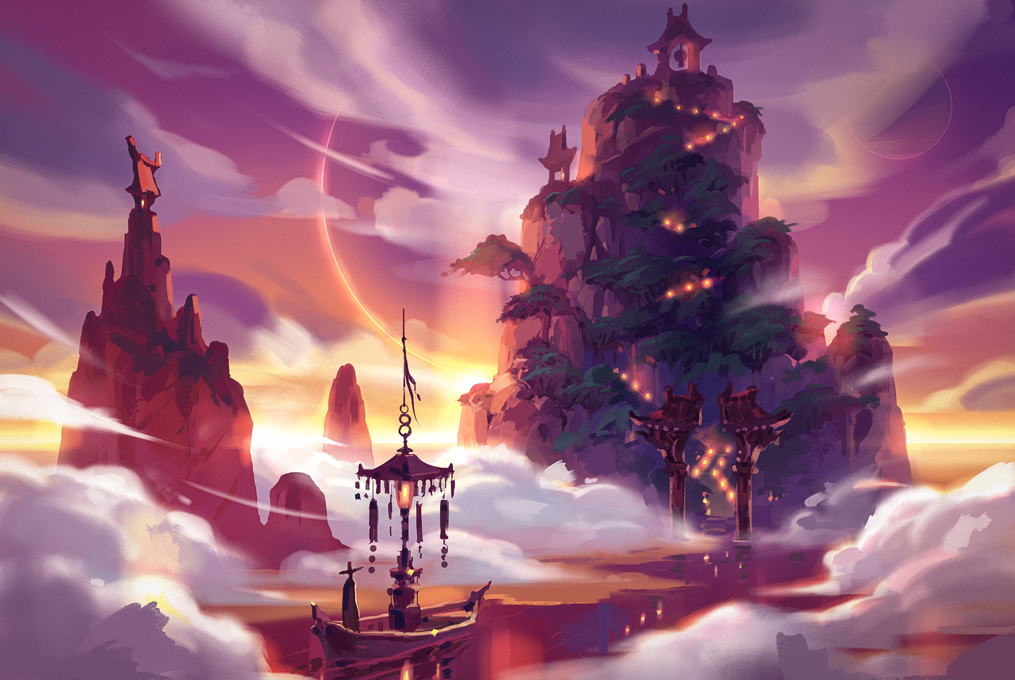 Fantasy landscape with mountains and clouds at sunset HD Wallpaper