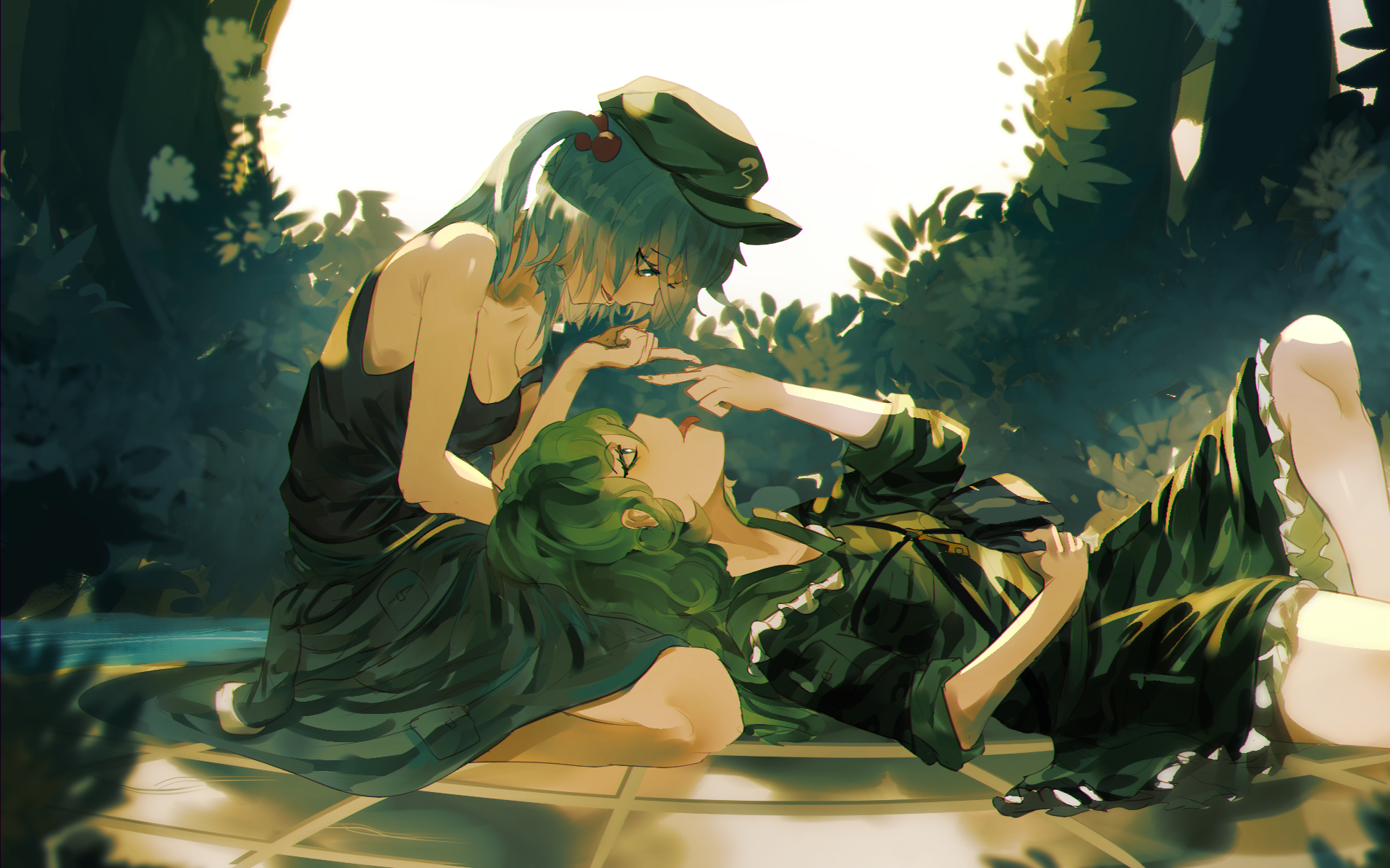 Nitori Kawashiro and Takane Yamashiro in a garden HD Wallpaper
