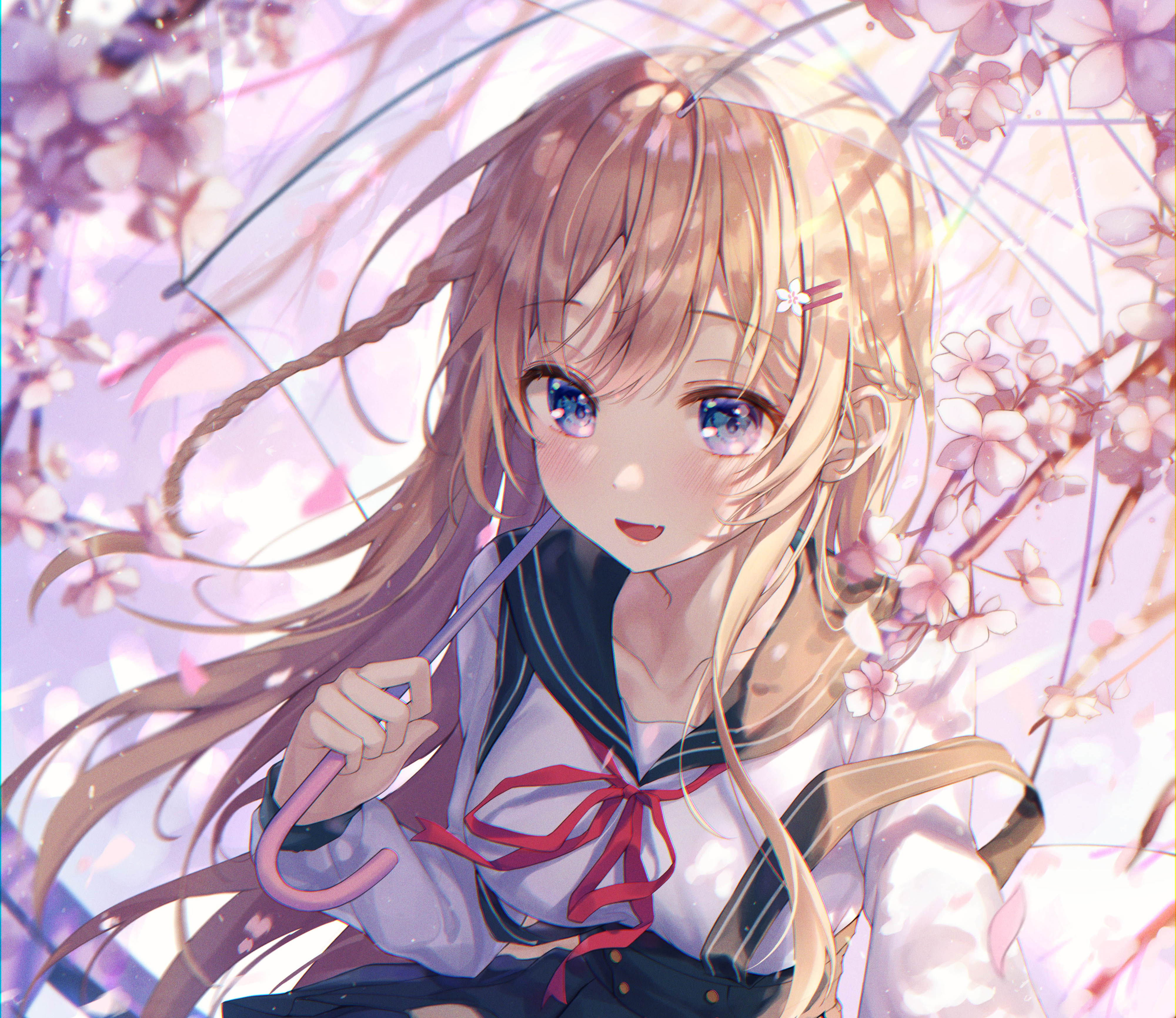 Anime girl with umbrella under cherry blossoms 4K HD Wallpaper