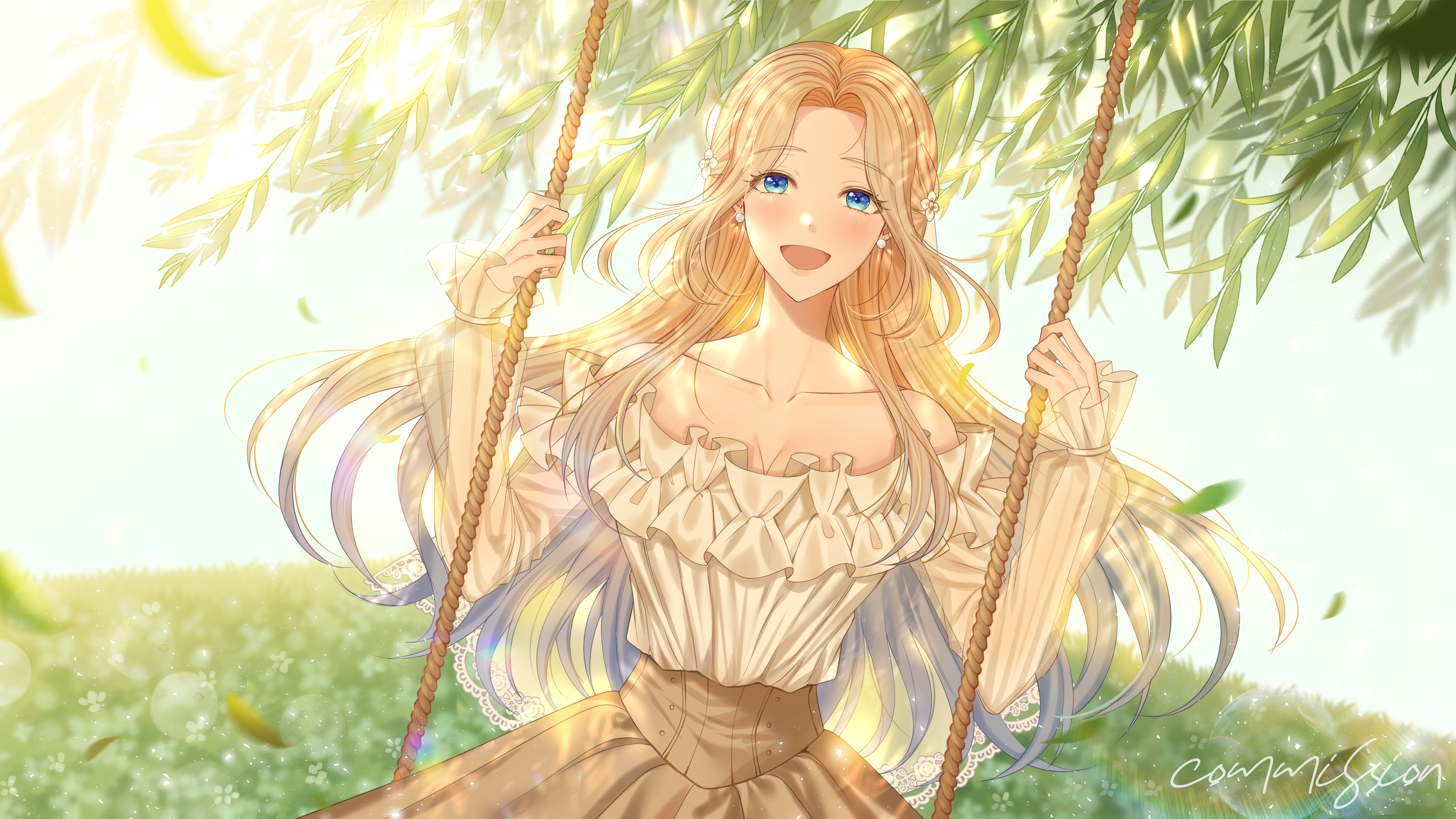 Girl on a swing in a sunlit meadow HD Wallpaper