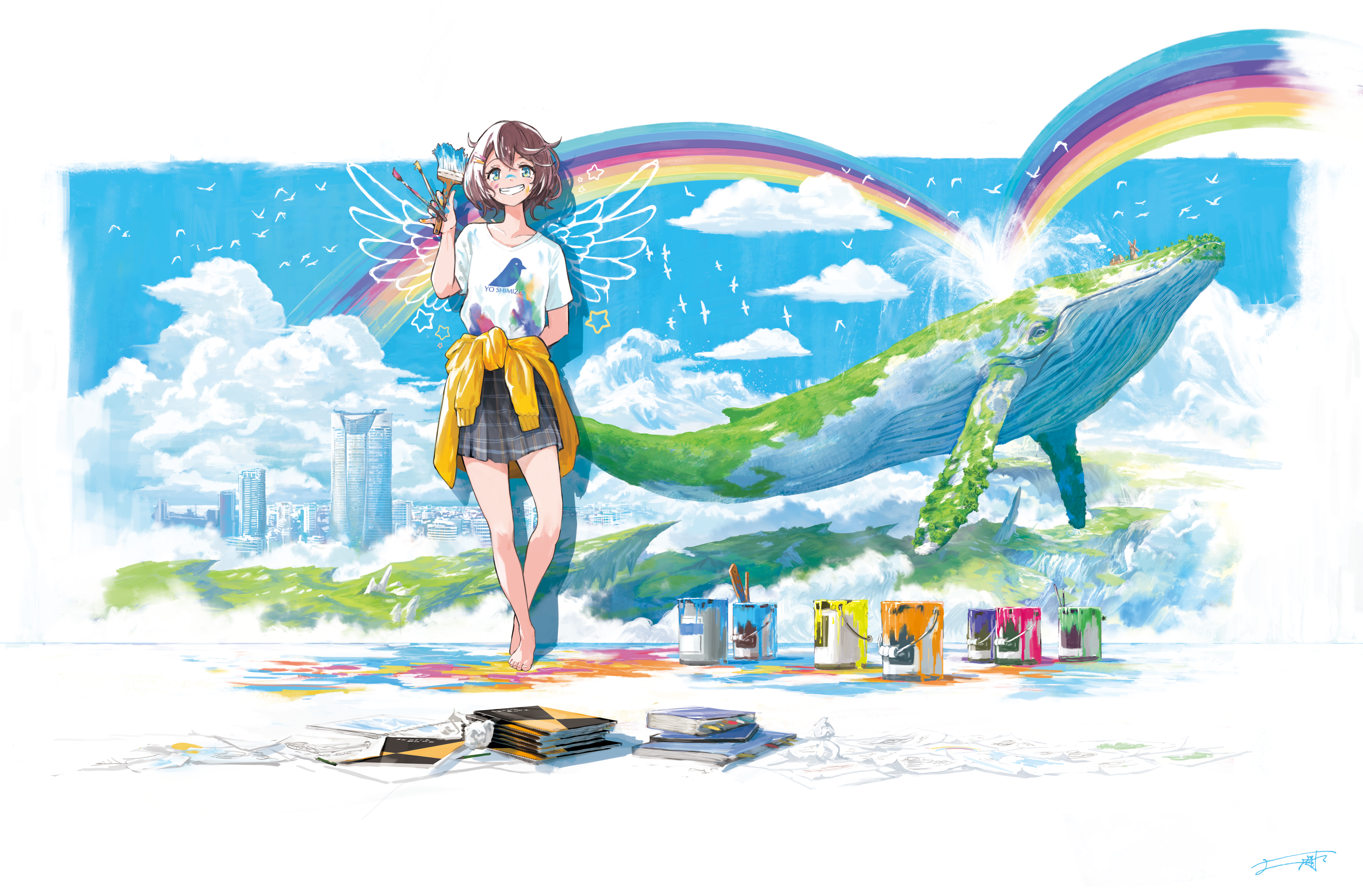 Girl Painting a Whale and Rainbow 4K HD Wallpaper