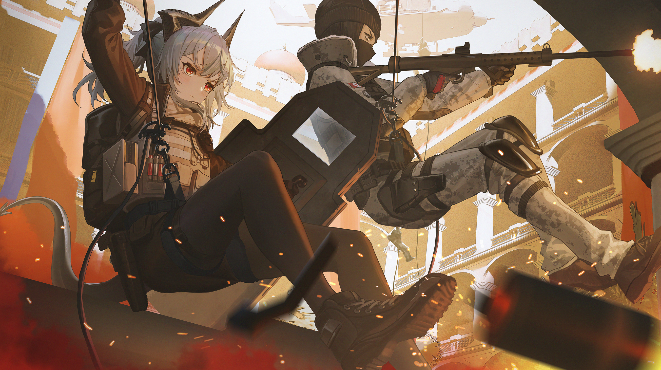 Liskarm and soldier rappelling with guns HD Wallpaper