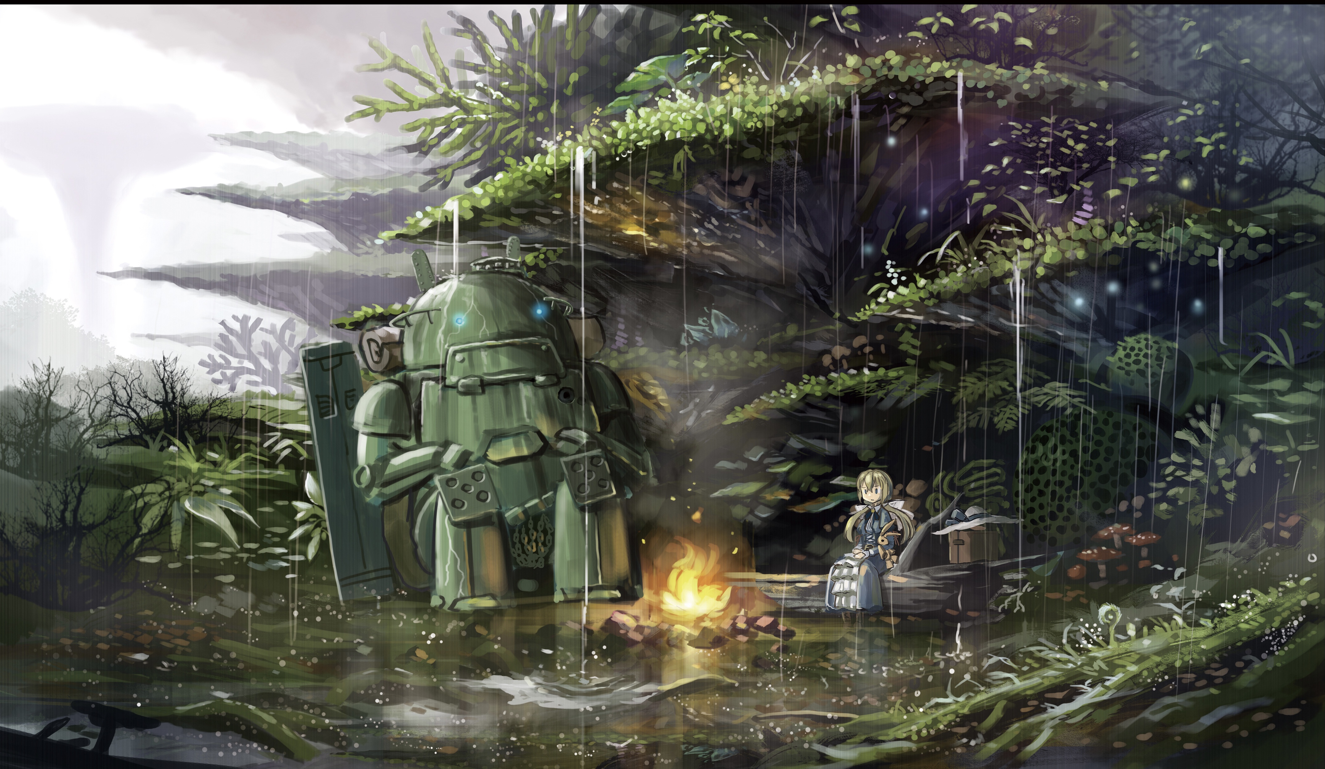 Robot and girl in a rainy forest HD Wallpaper
