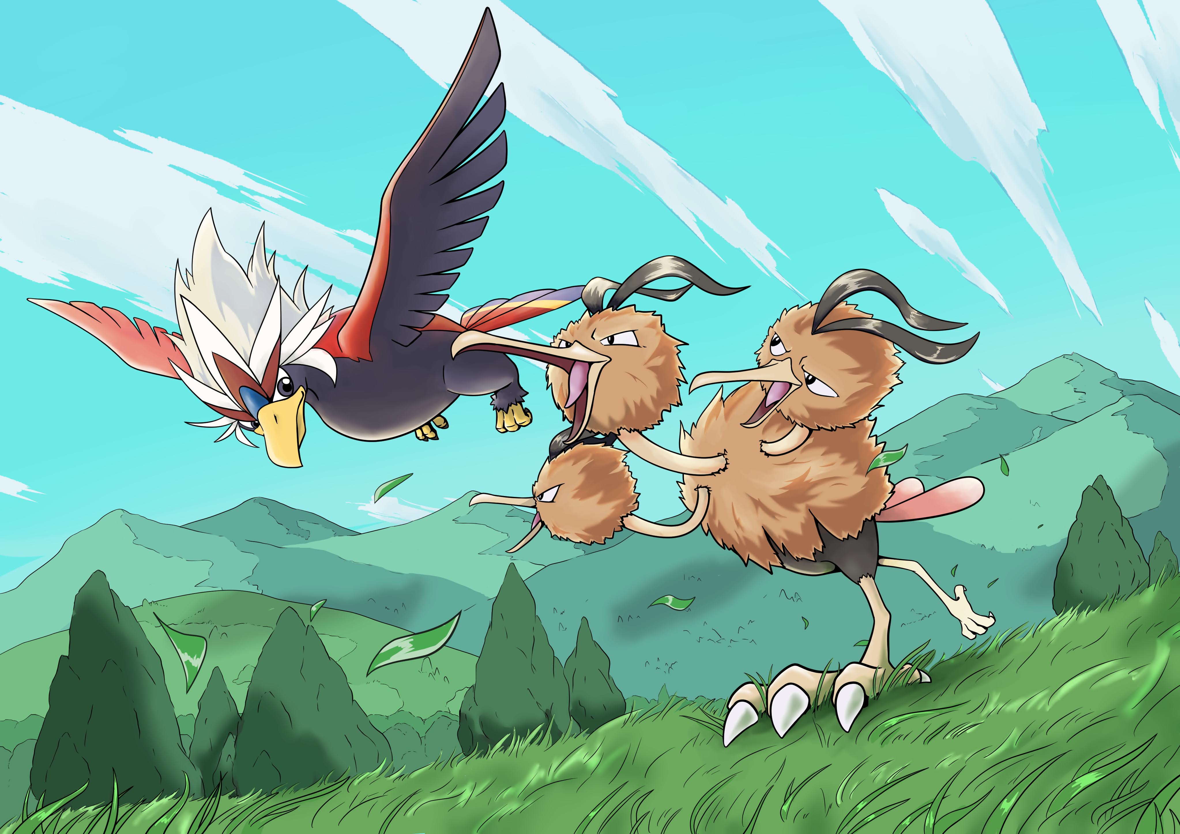 Braviary and Dodrio in a grassy landscape HD Wallpaper