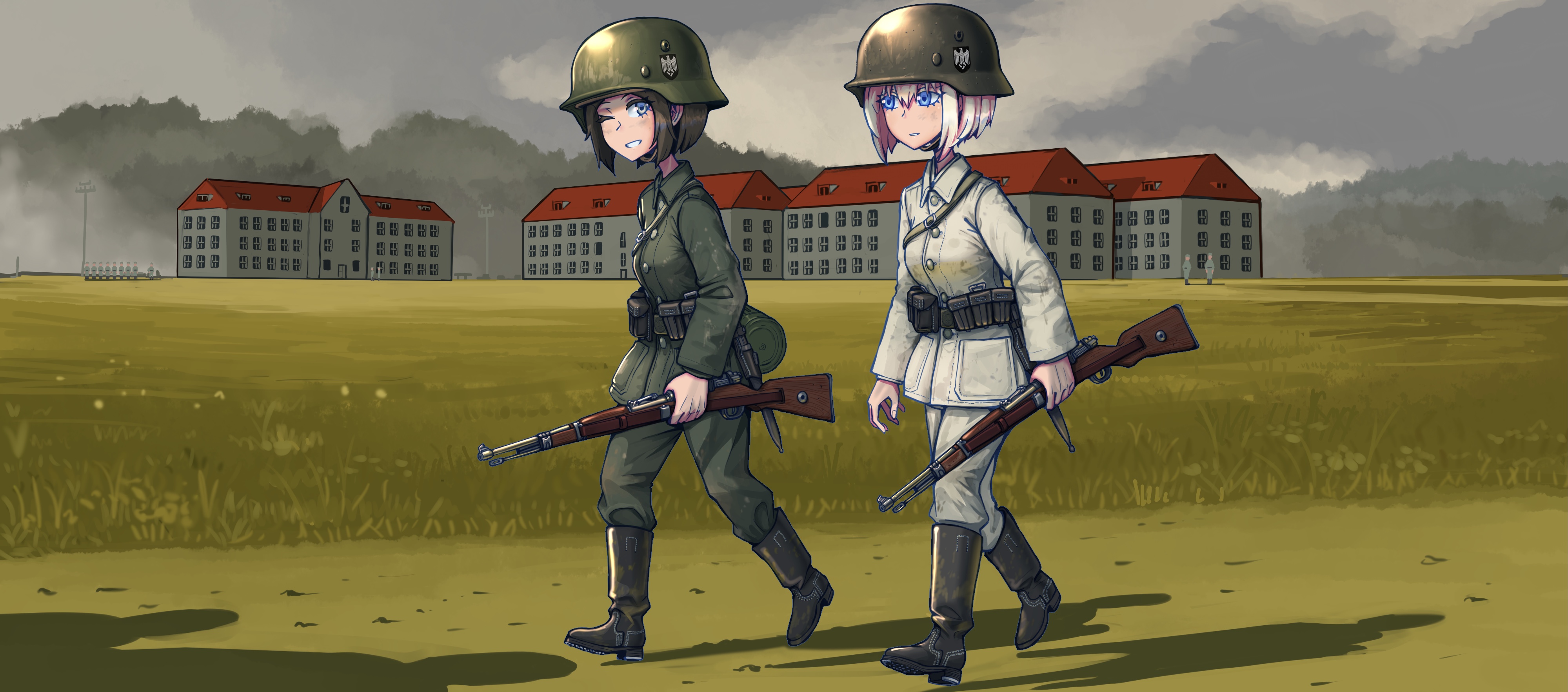 Two girls in military uniforms with rifles HD Wallpaper