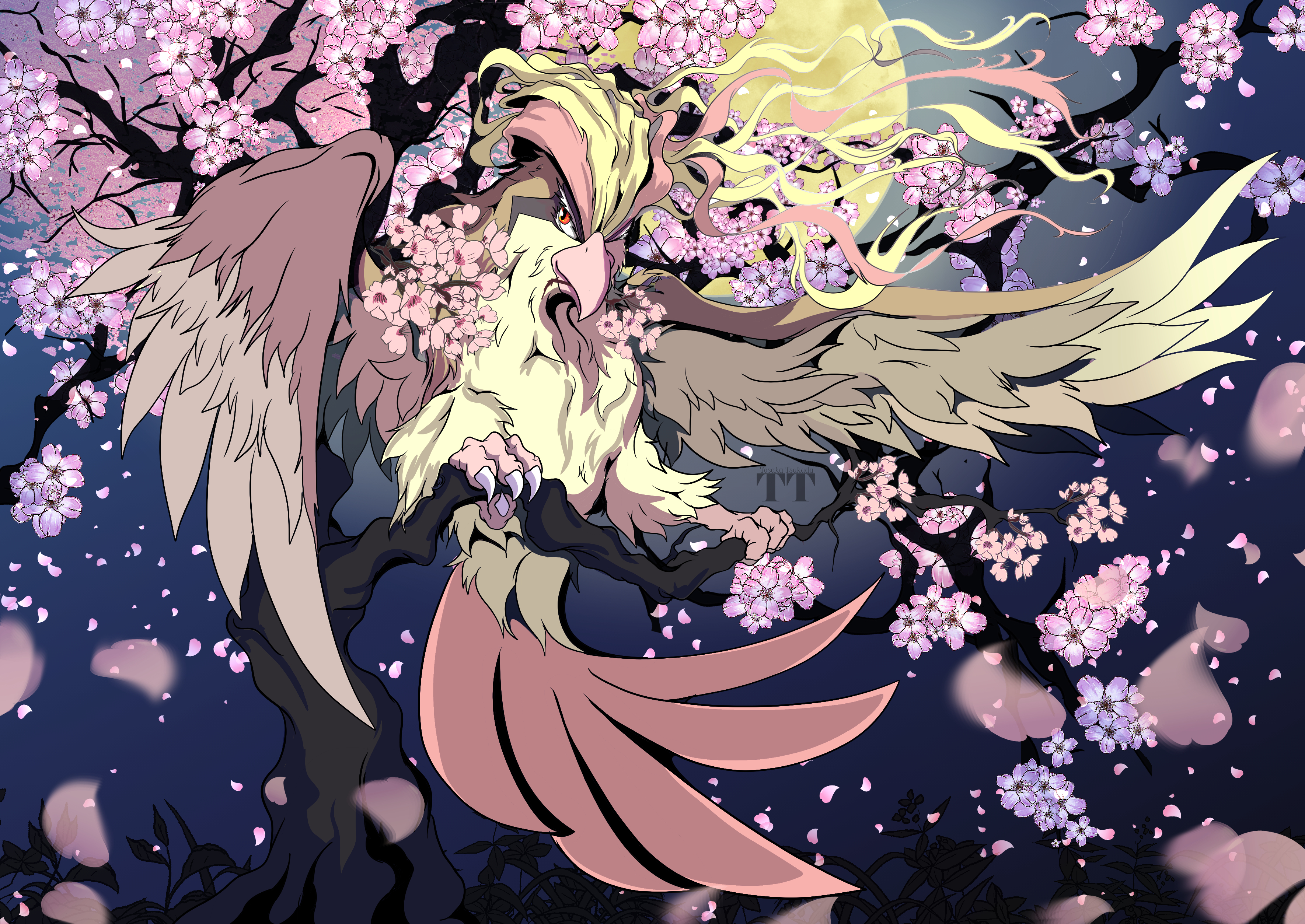 Pidgeot (Pokémon) in a Cherry Blossom Tree HD Wallpaper