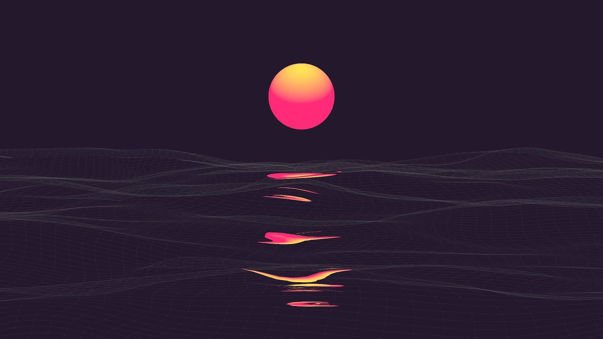 Wireframe Ocean Sunset with Pink and Yellow Sun HD Wallpaper