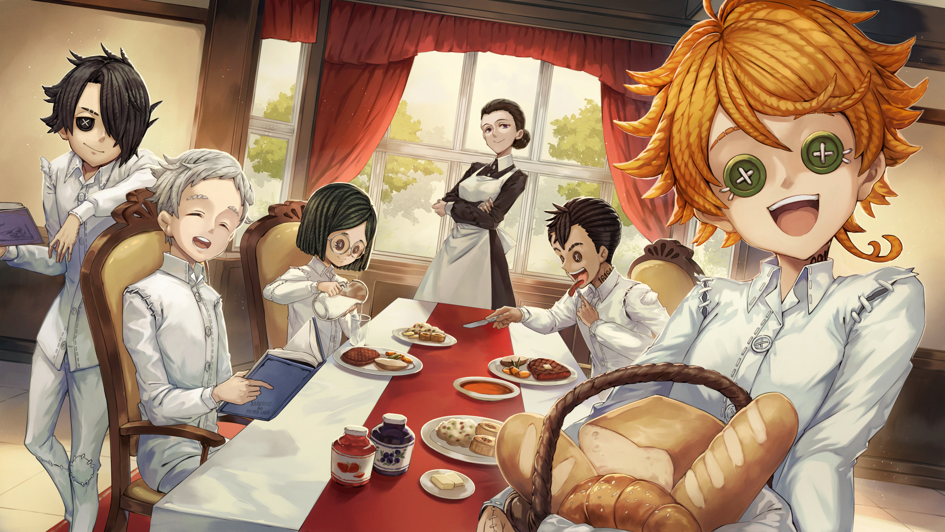 The Promised Neverland characters at a meal HD Wallpaper
