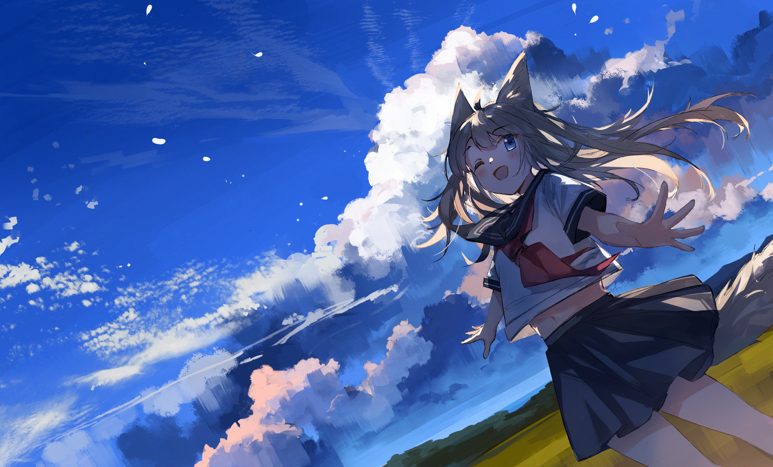Girl with Animal Ears in a School Uniform Under the Sky HD Wallpaper