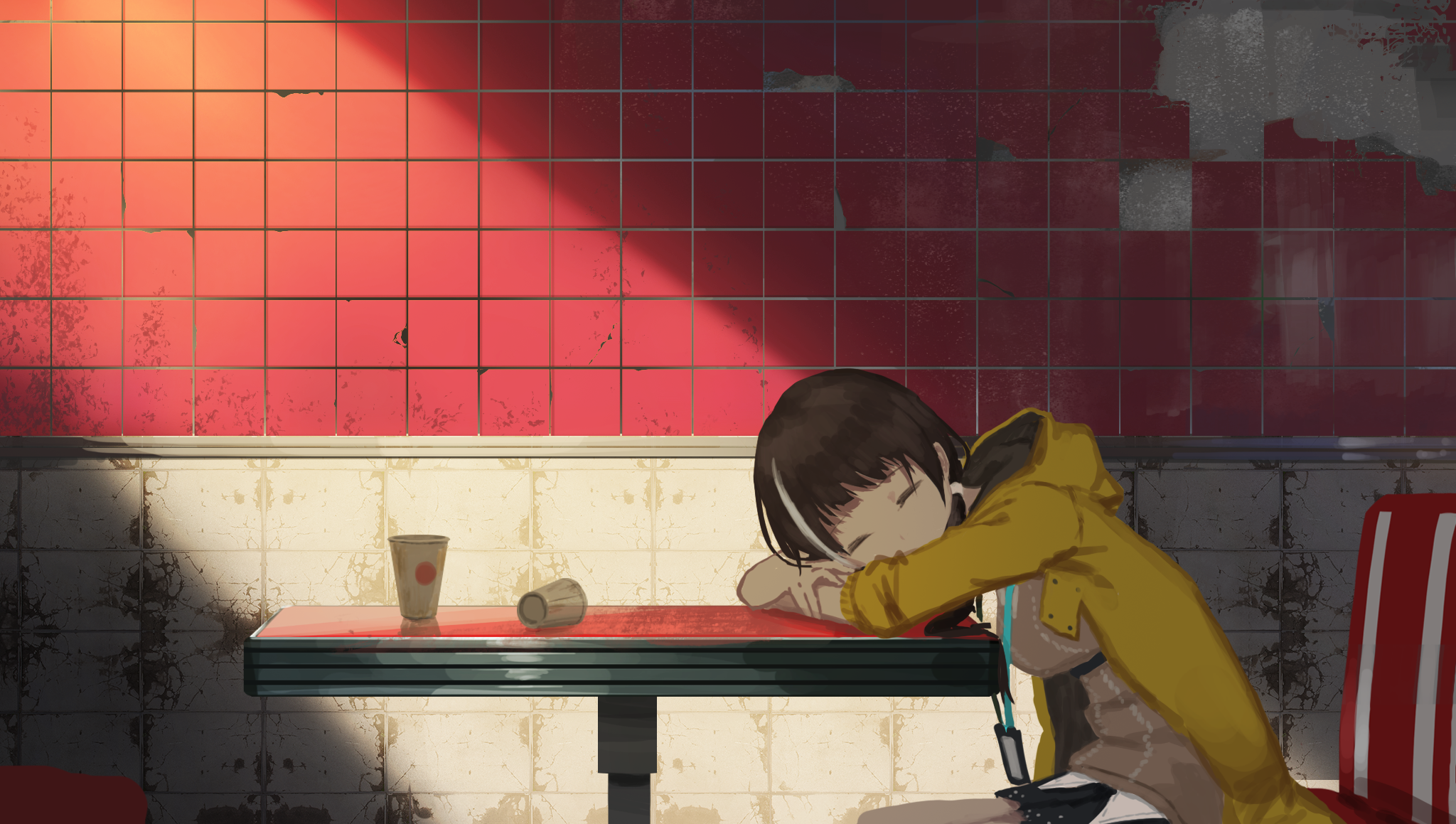 RO635 (Girls Frontline) sleeping at a diner table HD Wallpaper