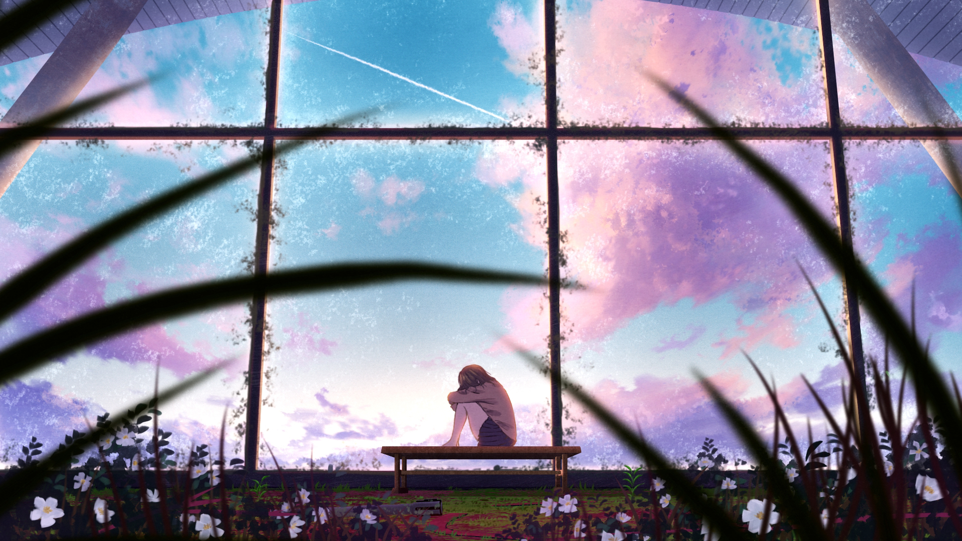 Girl sitting on a bench looking at the clouds HD Wallpaper