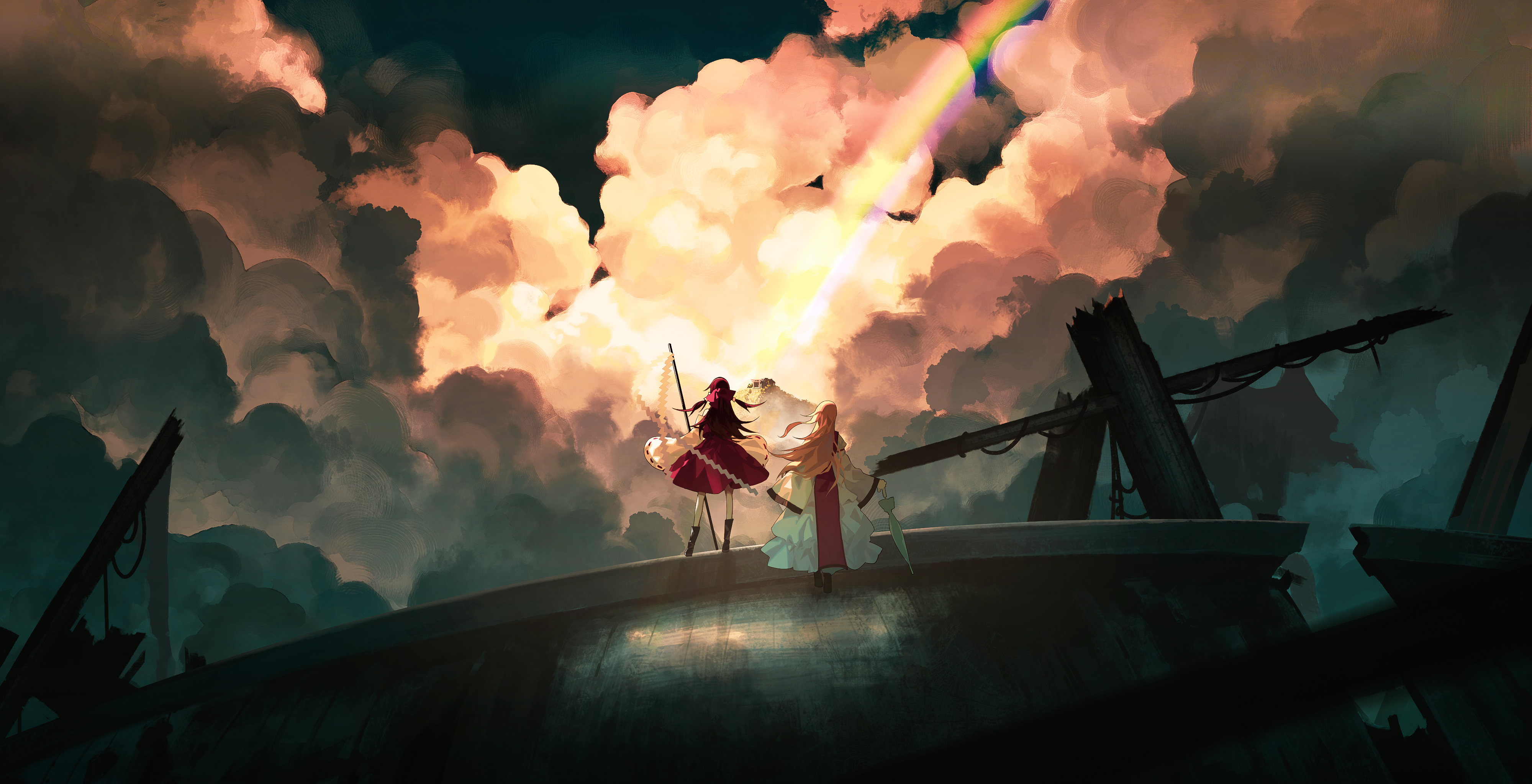 Reimu Hakurei and Yukari Yakumo on a broken structure HD Wallpaper