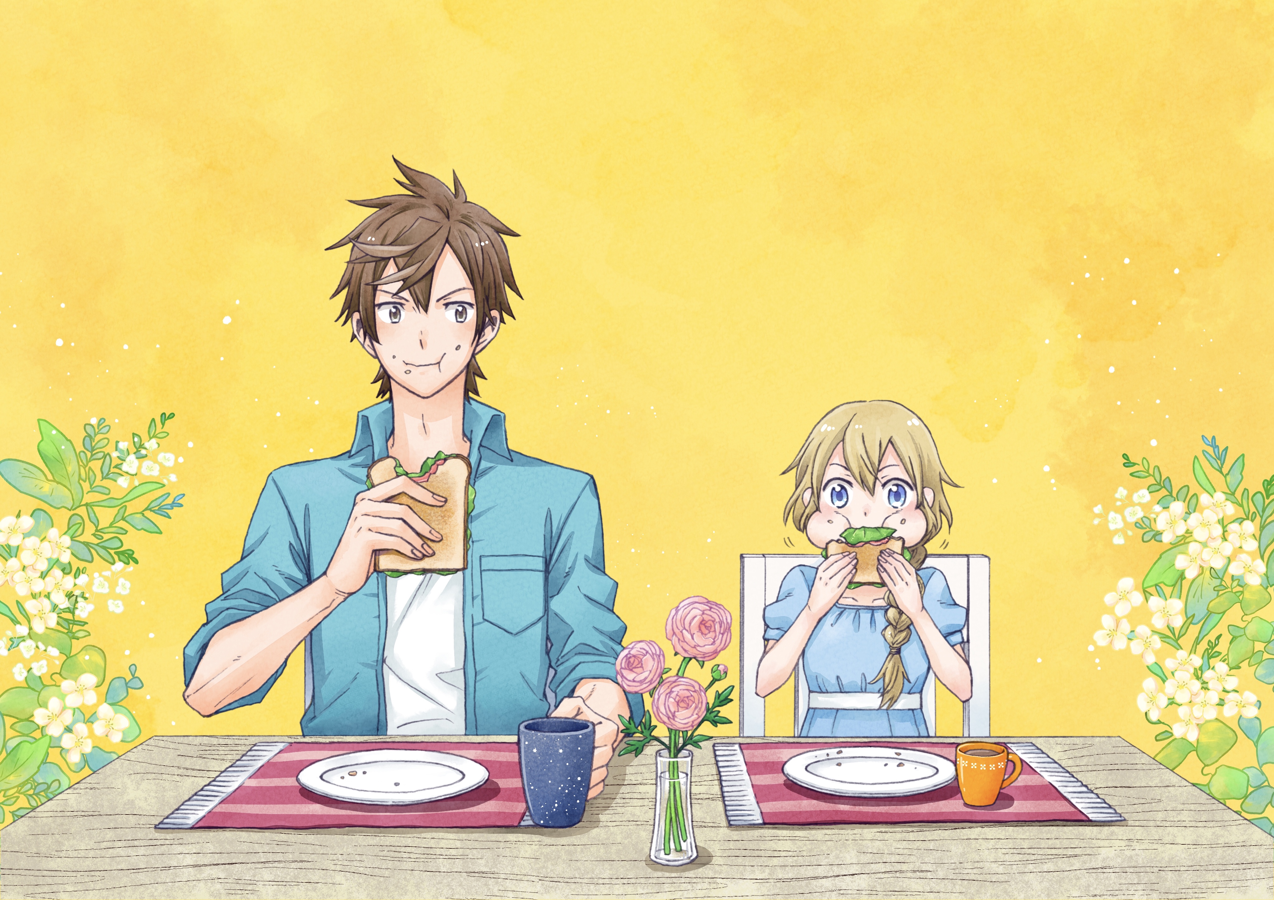 Man and girl eating sandwiches HD Wallpaper