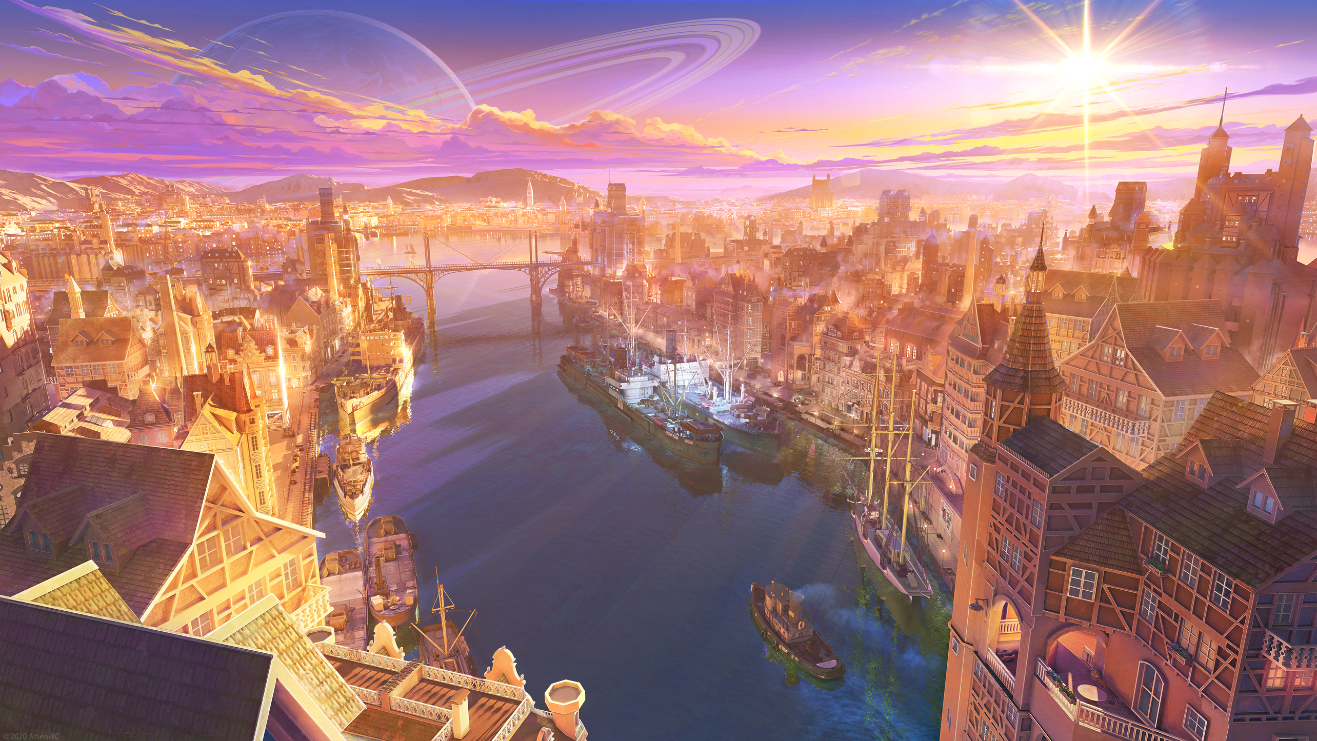 Cityscape at Sunset with Rings Planet HD Wallpaper