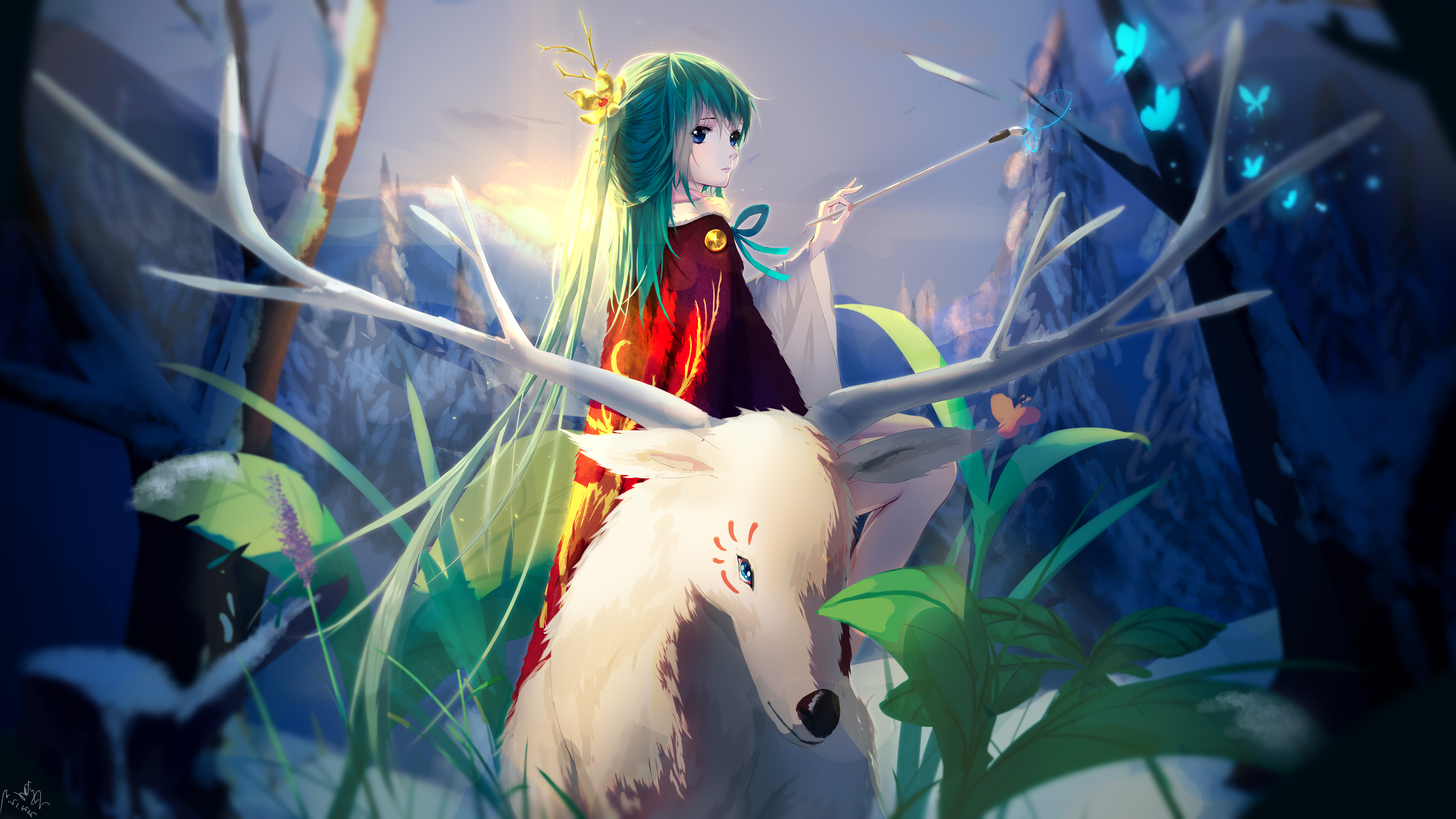Hatsune Miku rides a white deer with butterflies HD Wallpaper