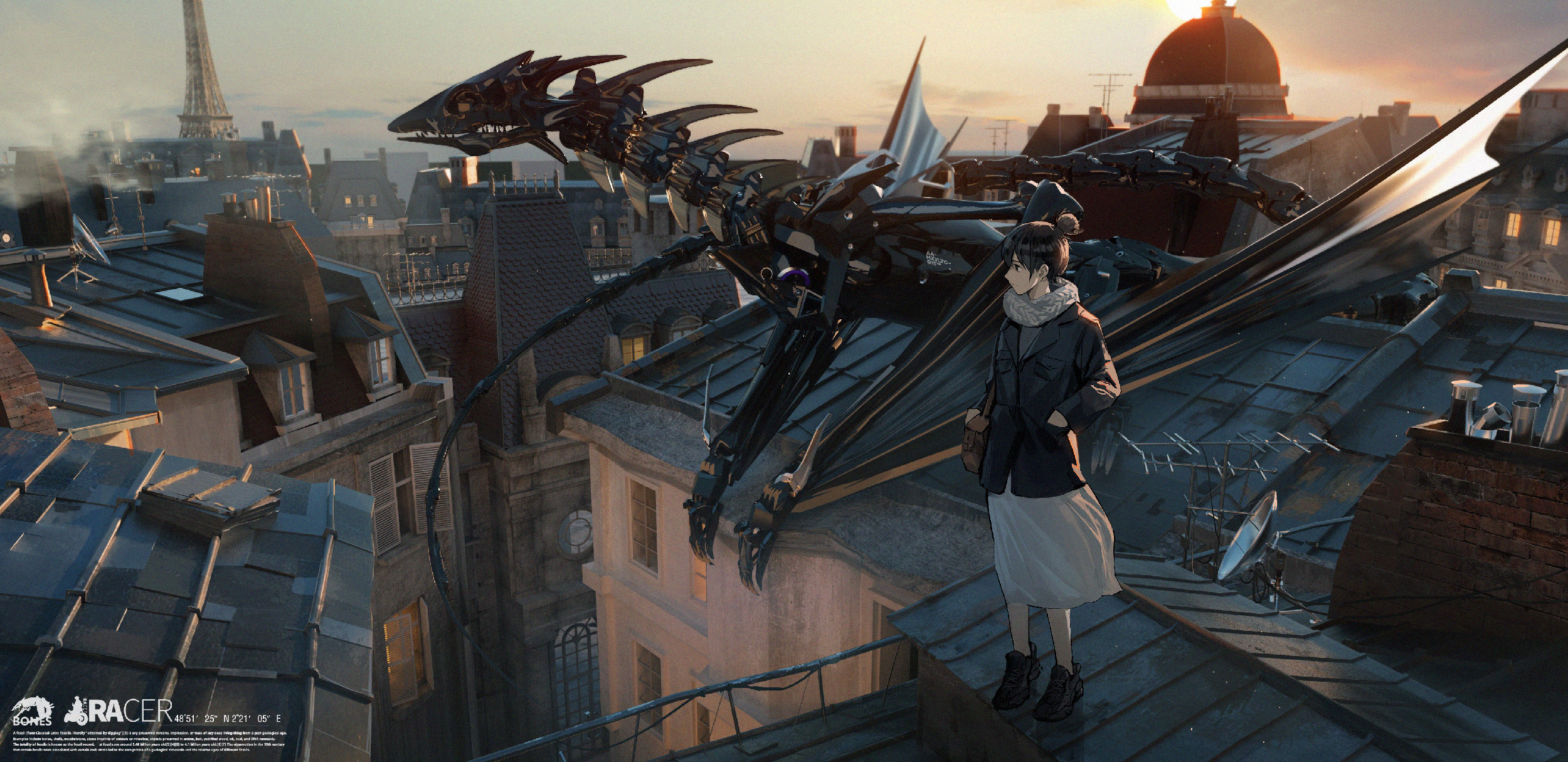 Girl and mechanical dragon on Paris rooftops HD Wallpaper