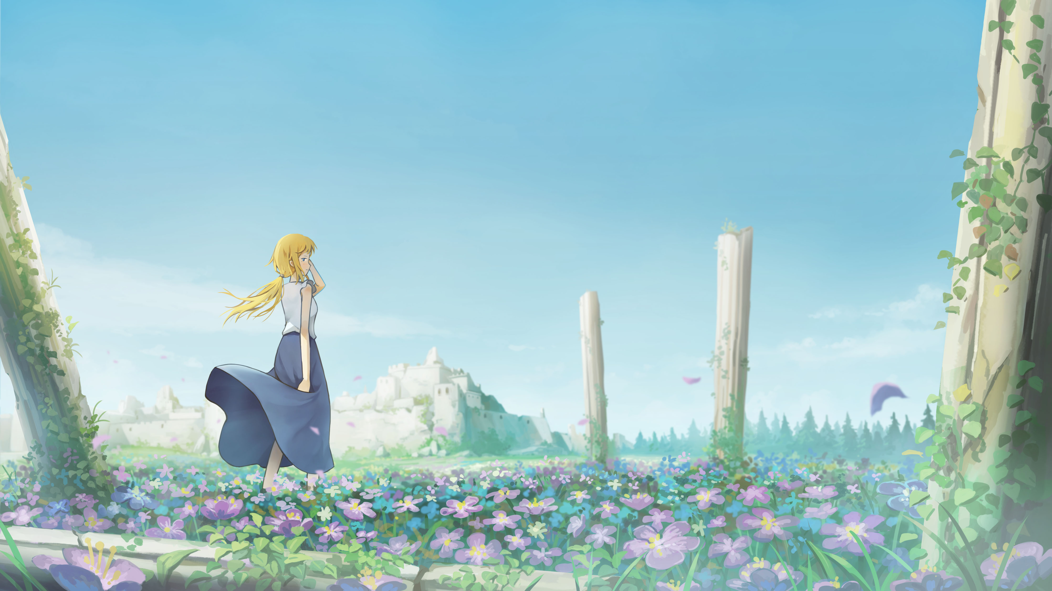 Girl in a field of flowers with castle HD Wallpaper