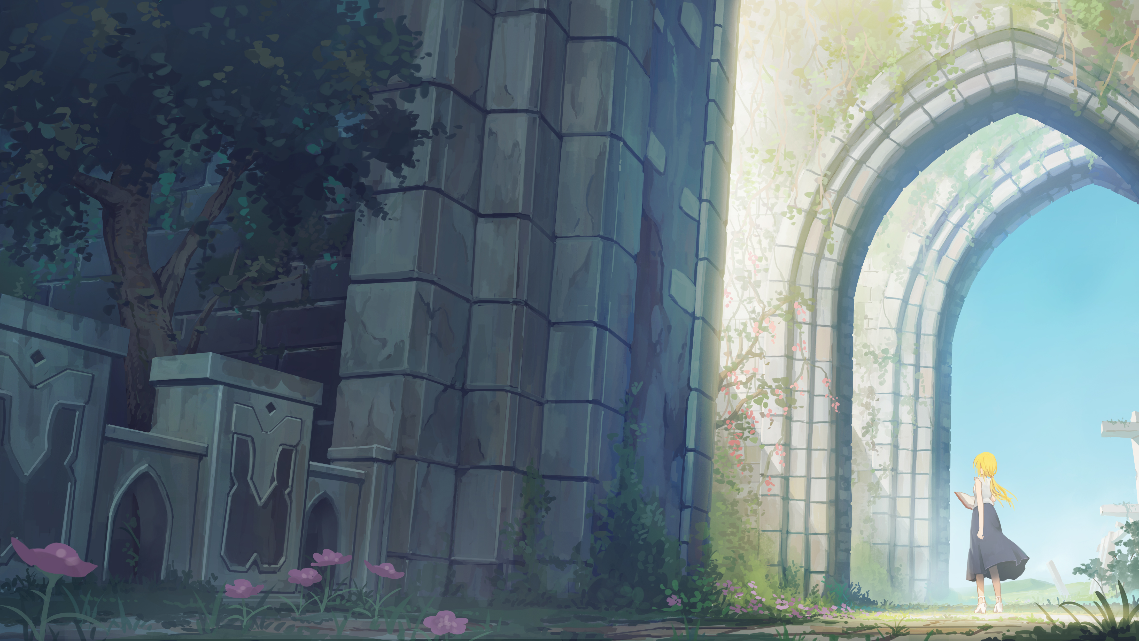 Girl in front of ancient ruins HD Wallpaper
