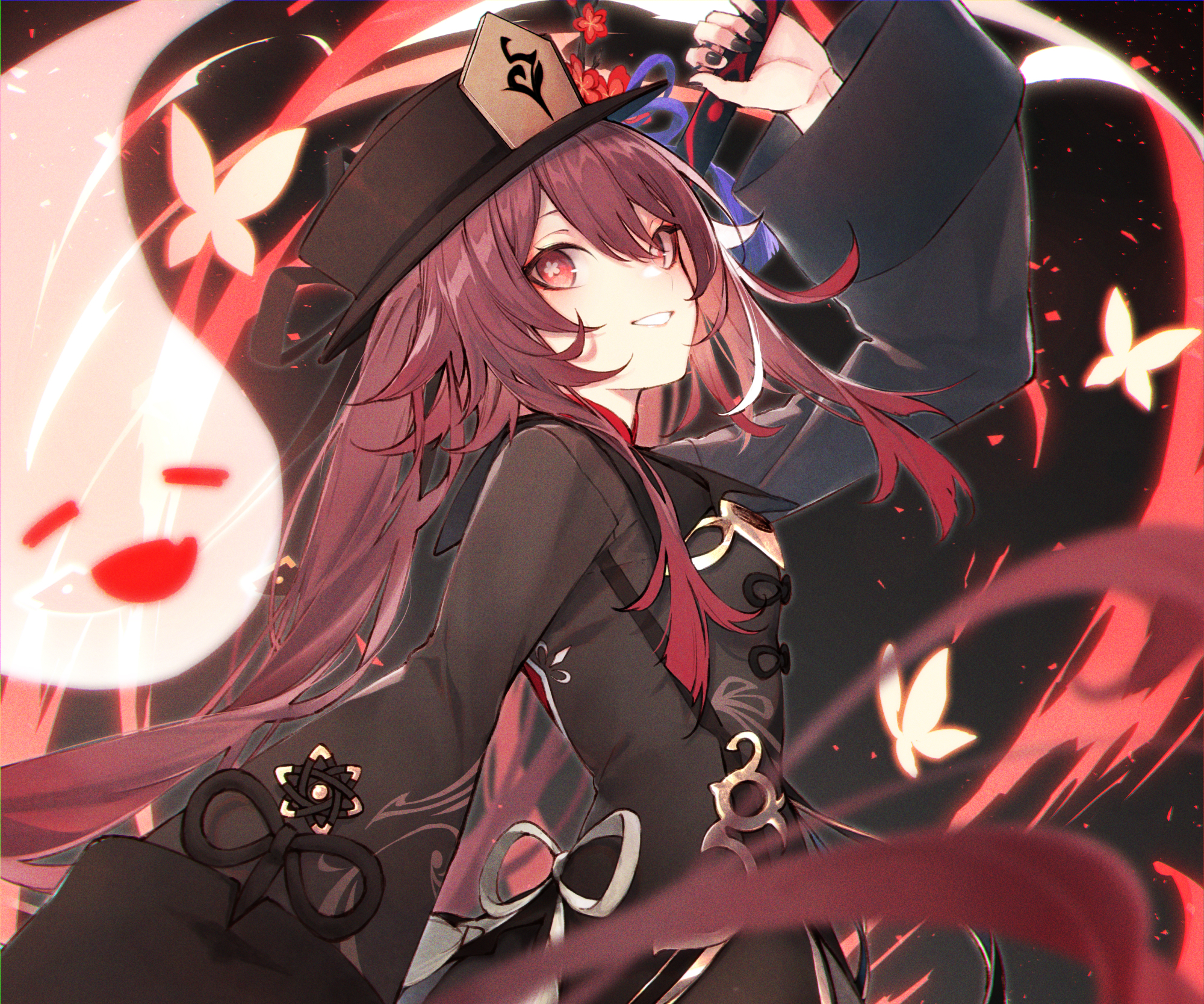 Hu Tao from Genshin Impact with a ghost HD Wallpaper