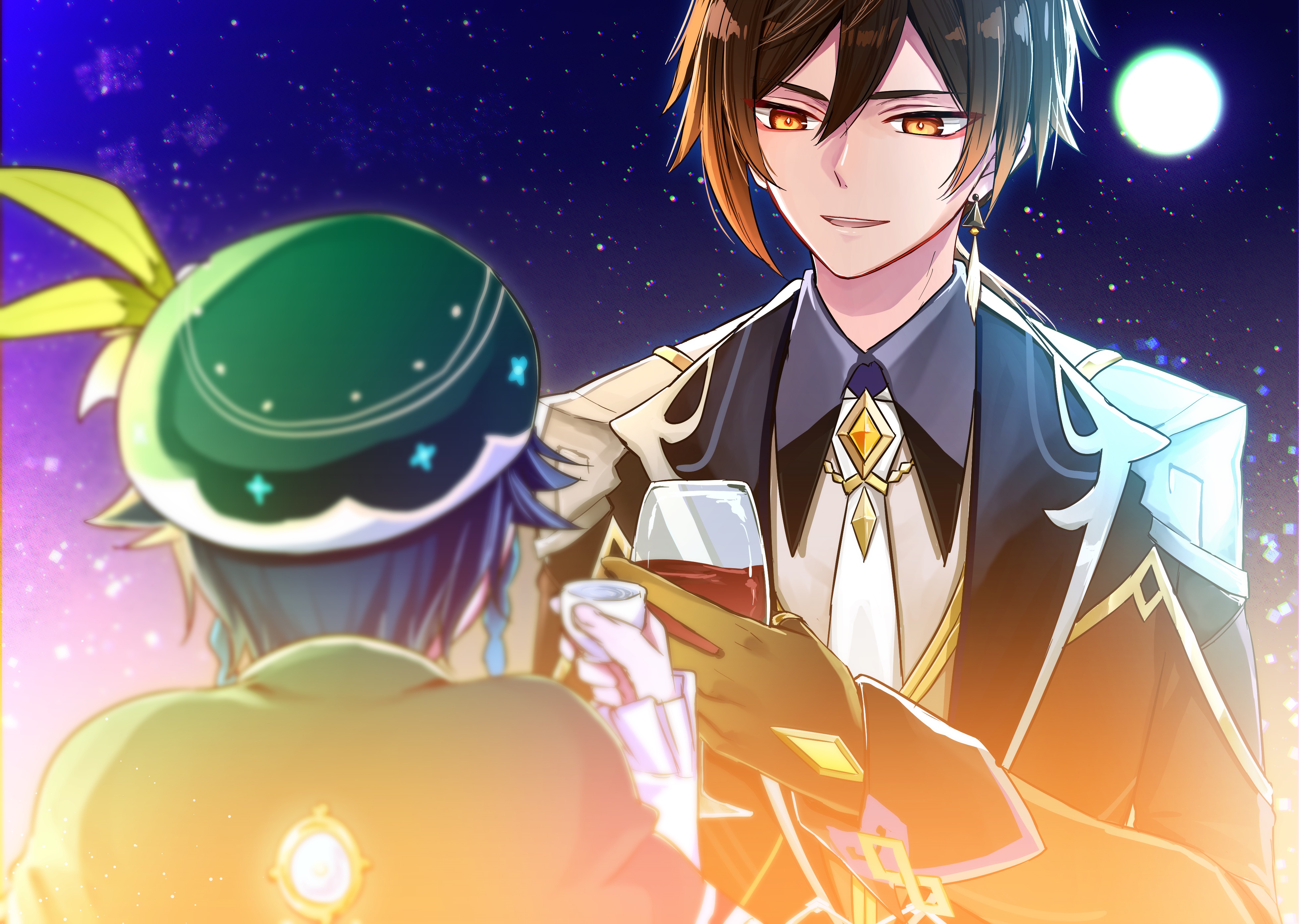 Zhongli and Venti enjoying drinks under the night sky HD Wallpaper