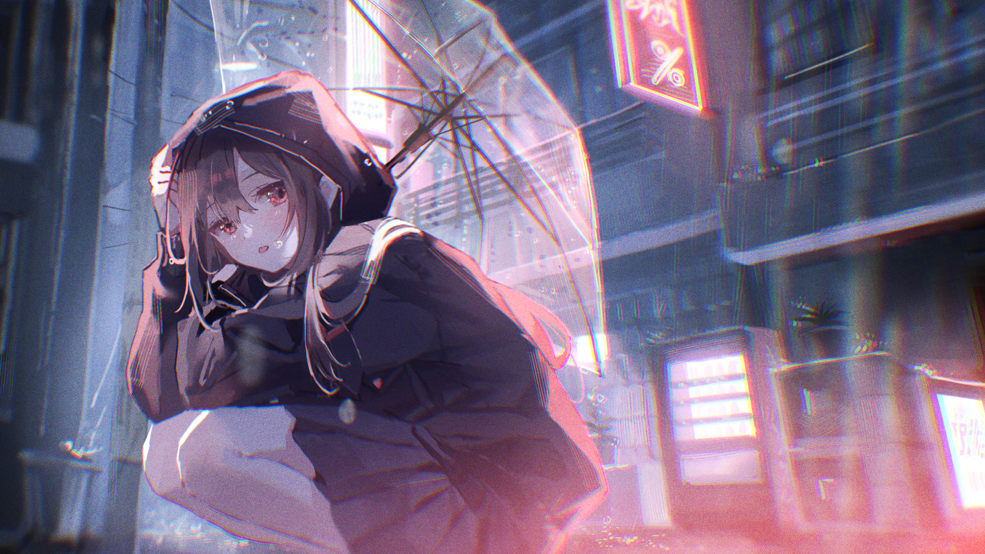 Girl with Umbrella in Rainy Night HD Wallpaper