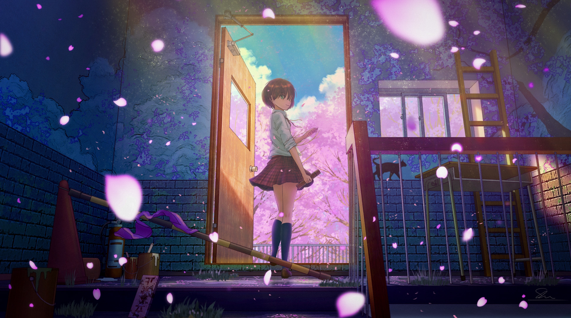 Girl with short hair among sakura petals HD Wallpaper