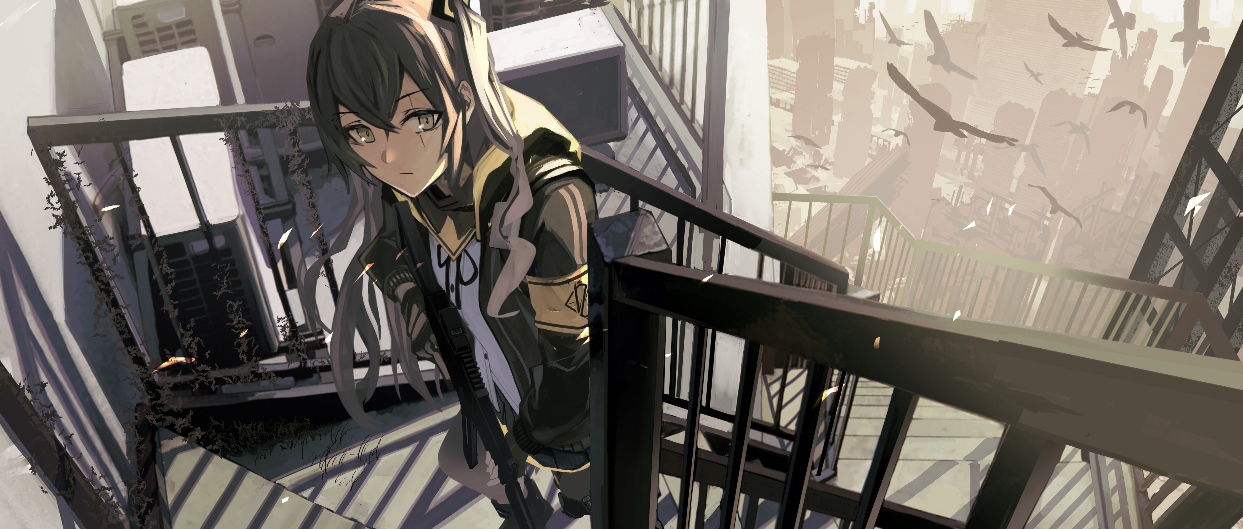 UMP45 on a Staircase with Birds Flying HD Wallpaper