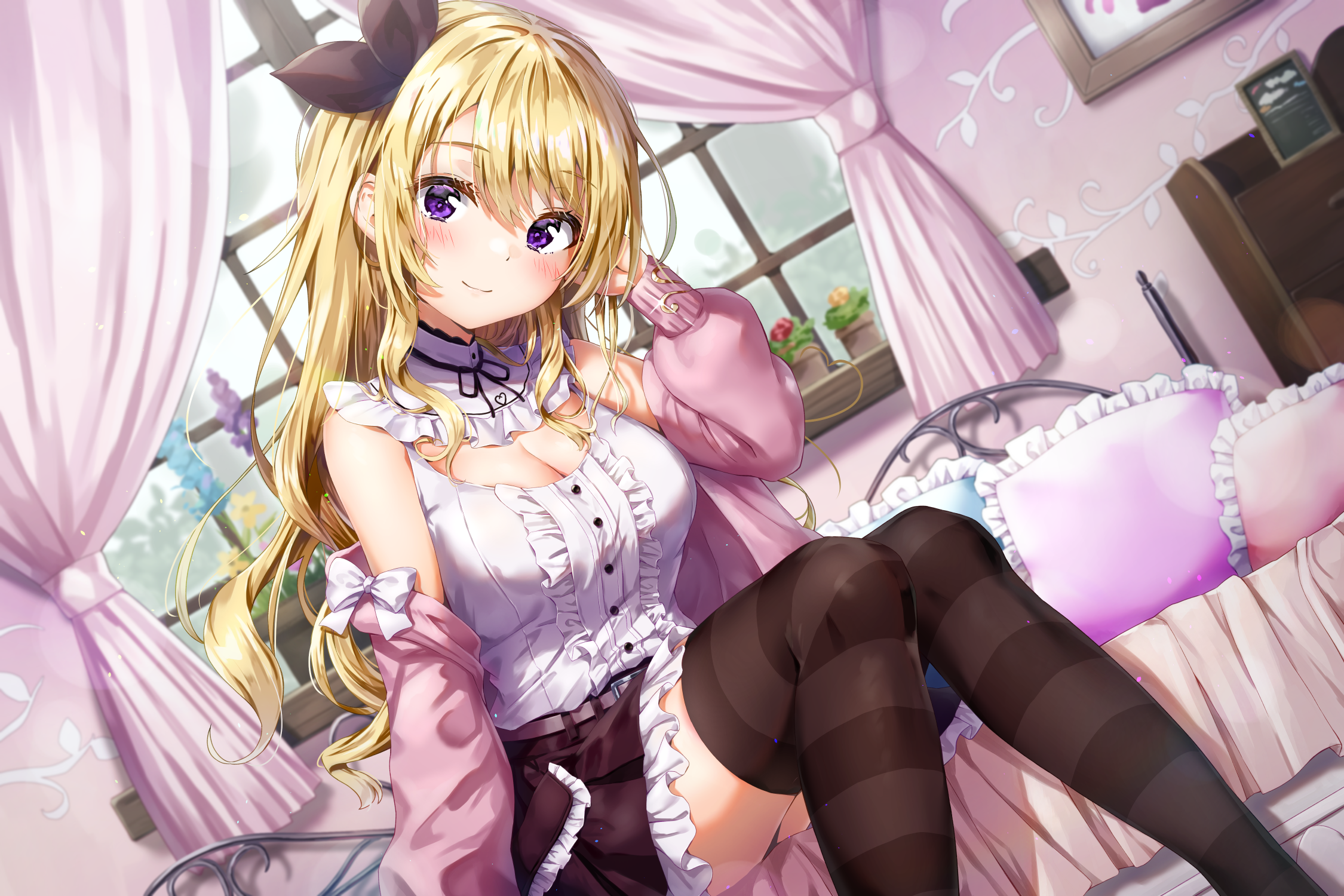 Girl with long blonde hair in a pink room HD Wallpaper